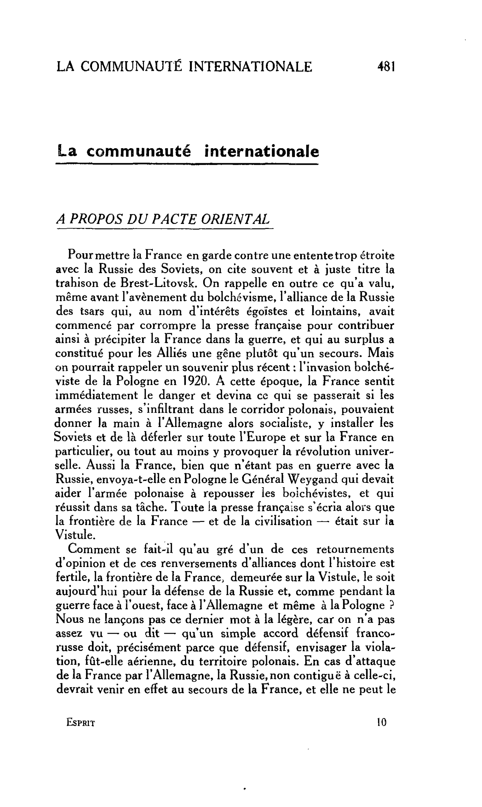 LA CITÉ : La communauté internationale. A PROPOS DU PACTE ORIENTAL