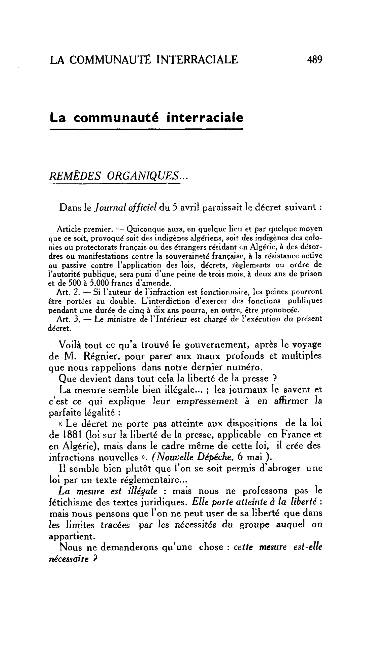 LA CITÉ : La communauté interraciale. REMÈDES ORGANIQUES…