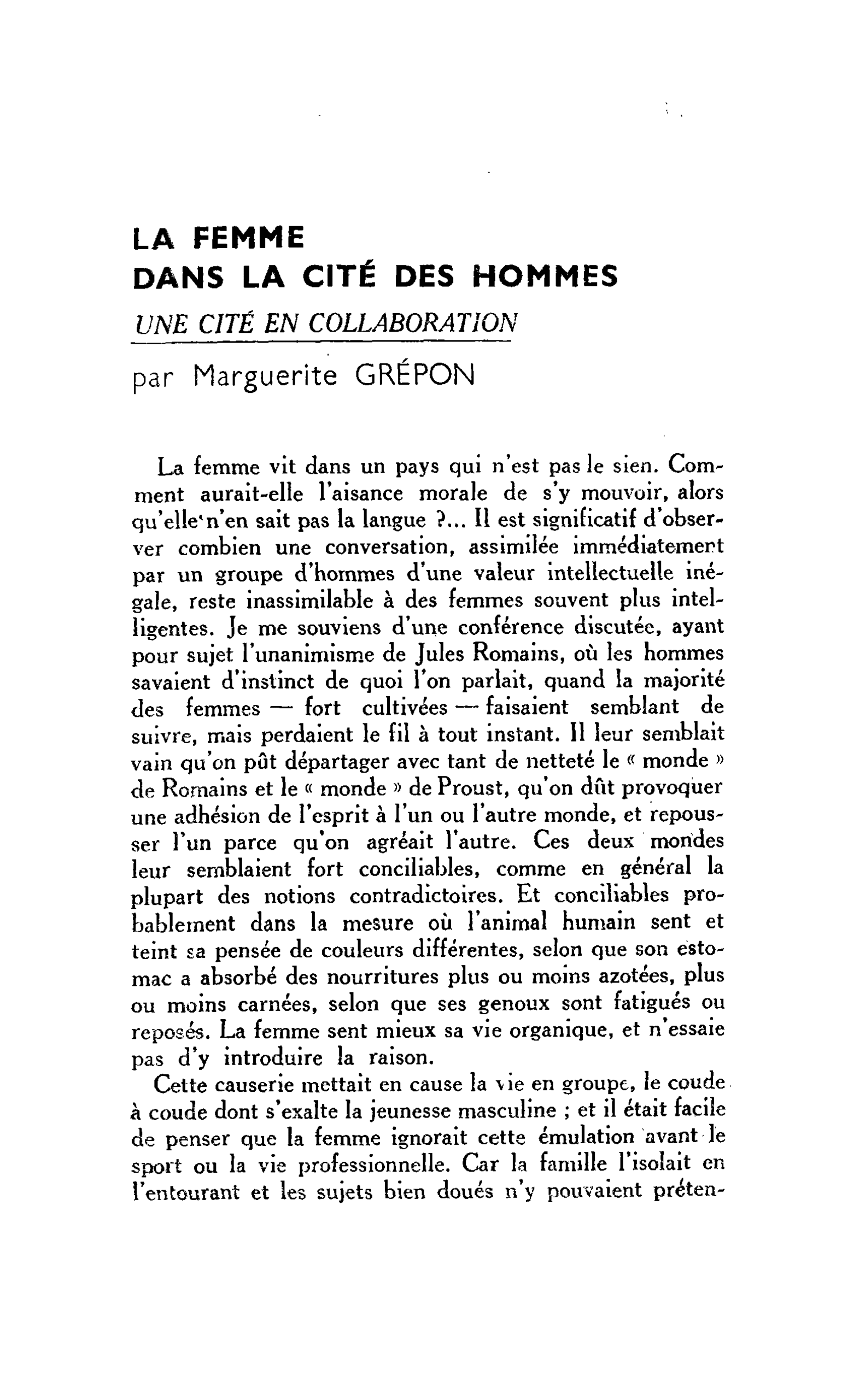 LA FEMME DANS LA CITÉ DES HOMMES UNE CITÉ EN COLLABORATION