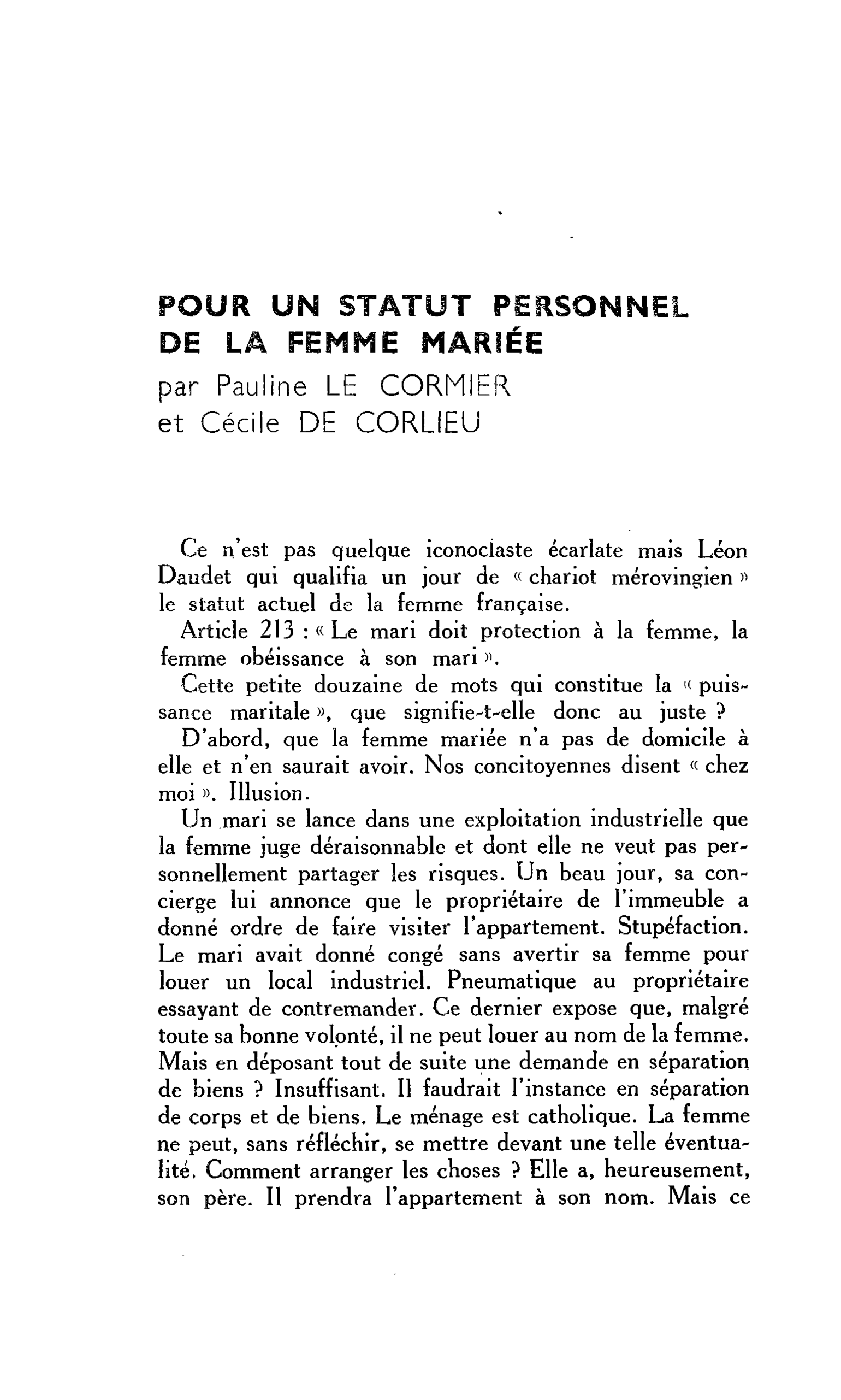 POUR UN STATUT PERSONNEL DE LA FEMME MARIÉE