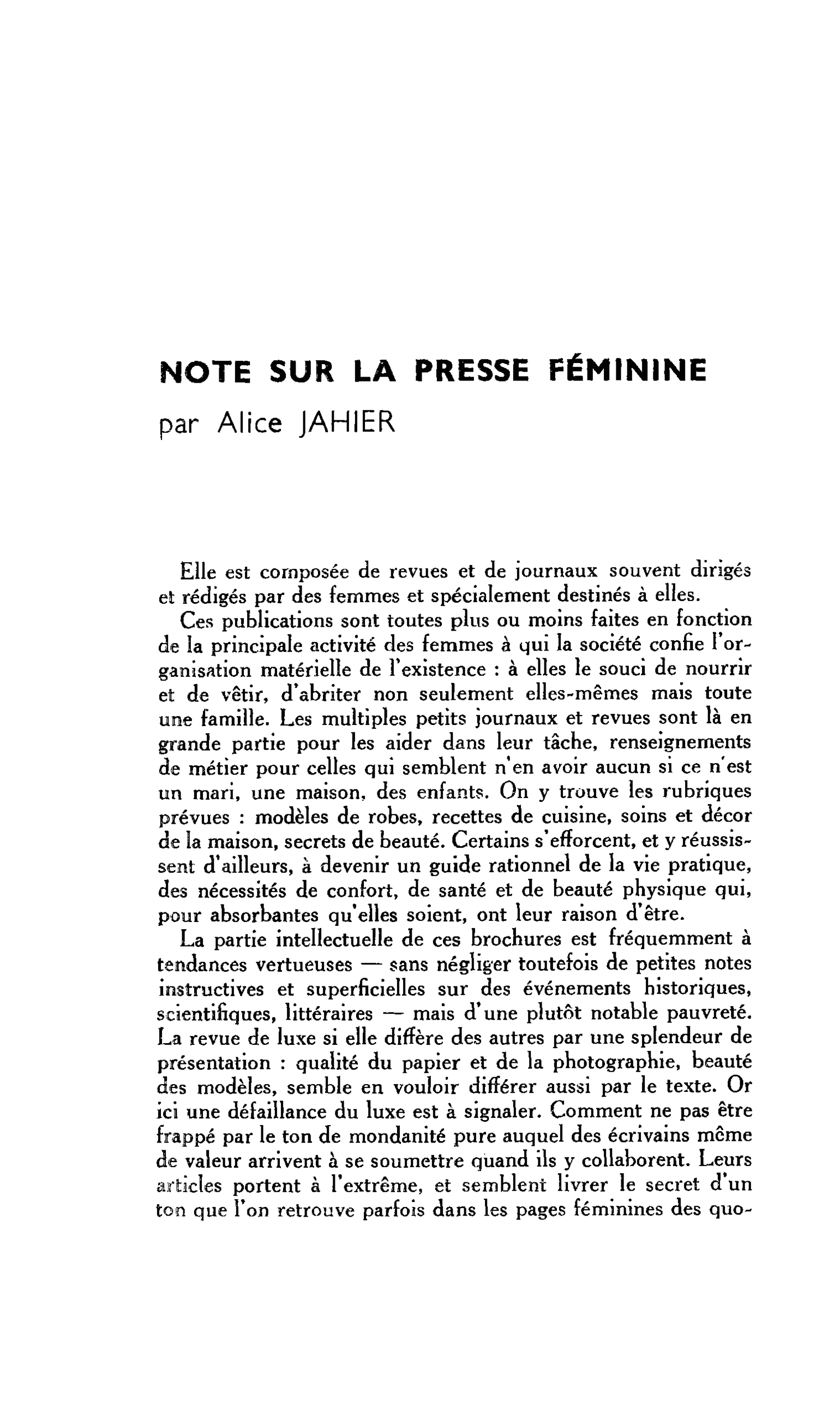 NOTE SUR LA PRESSE FÉMININE
