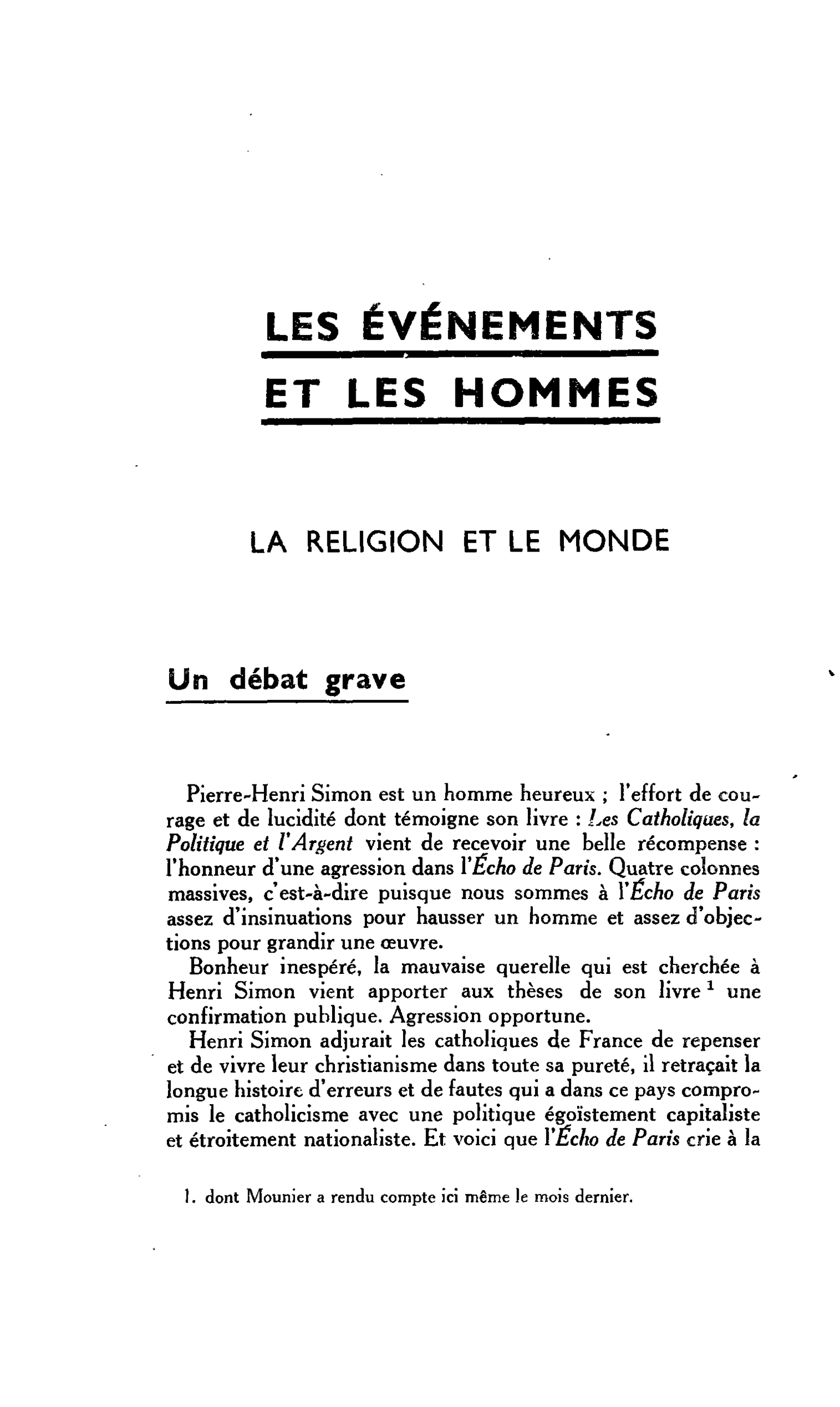 LA RELIGION ET LE MONDE : Un débat grave