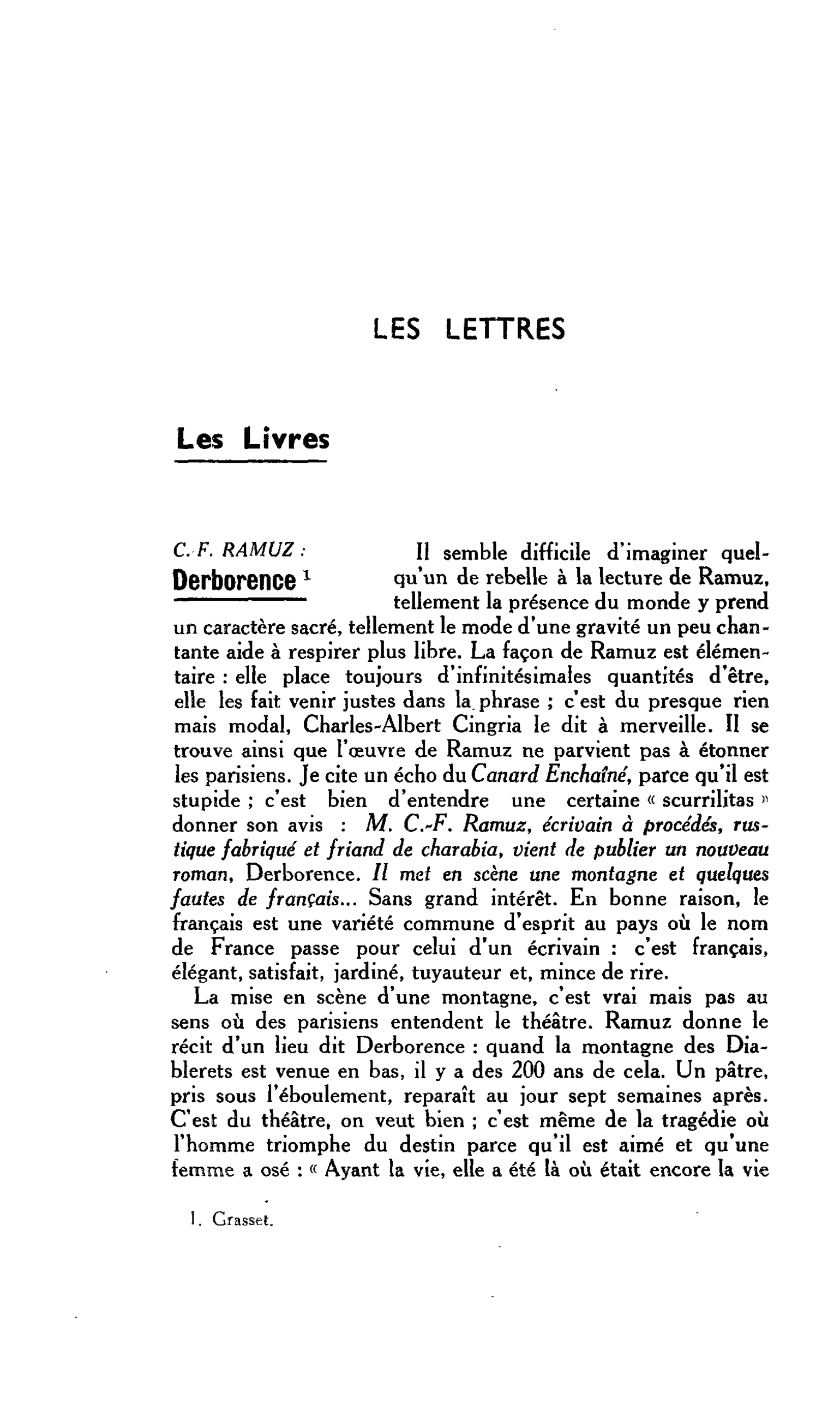 LES LETTRES. Les Livres. CF. RAMUZ : Derborence