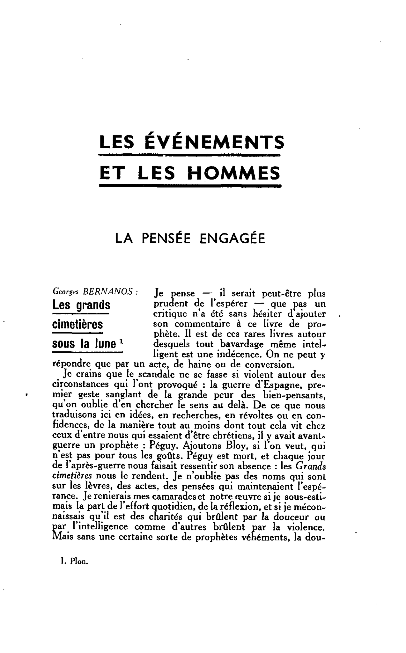 LA PENSEE ENGAGÉE. Georges BERNANOS : Les grands cimetières sous la lune