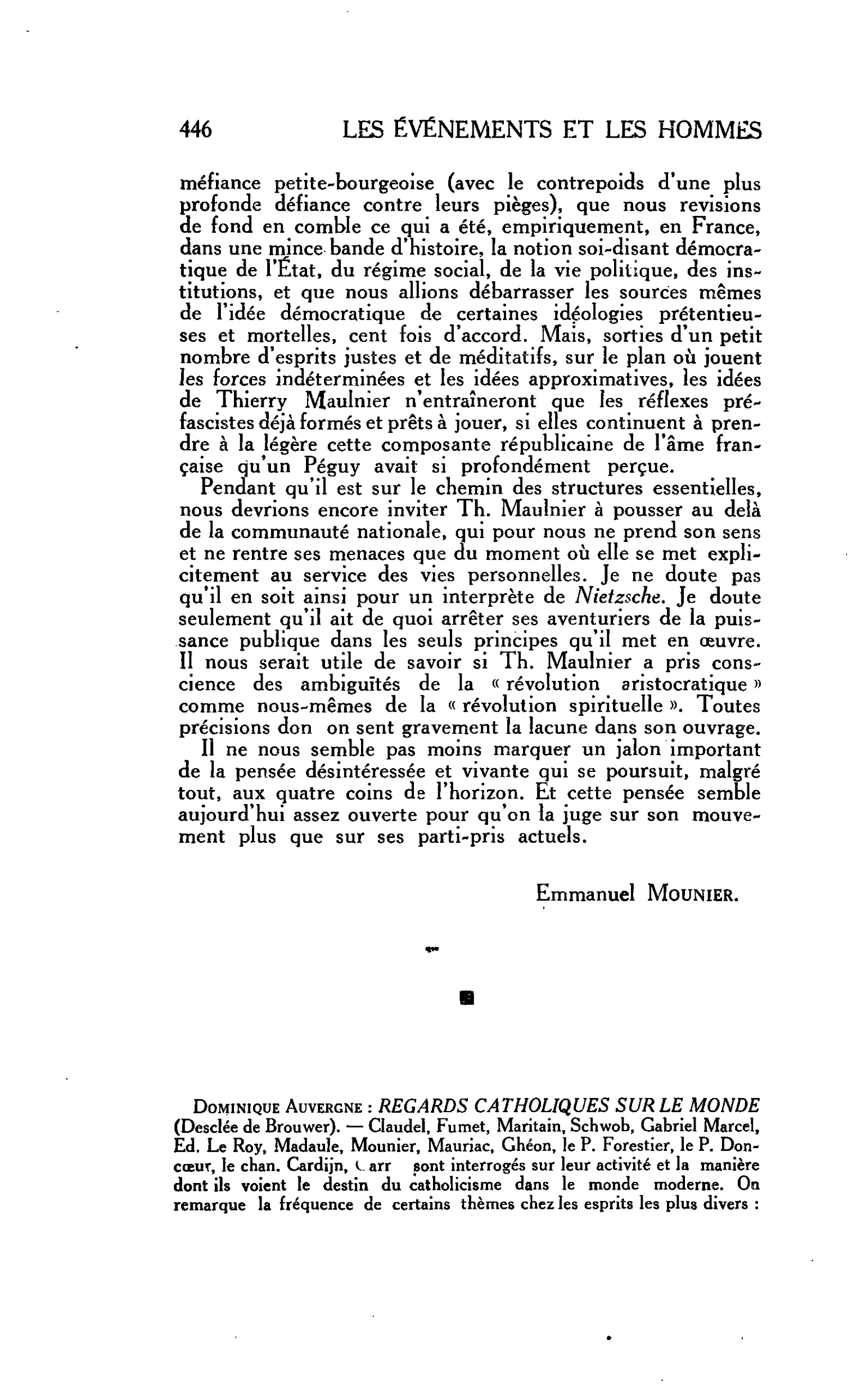 LA PENSEE ENGAGÉE. Dominique Auvergne : REGARDS CATHOLIQUES SUR LE MONDE