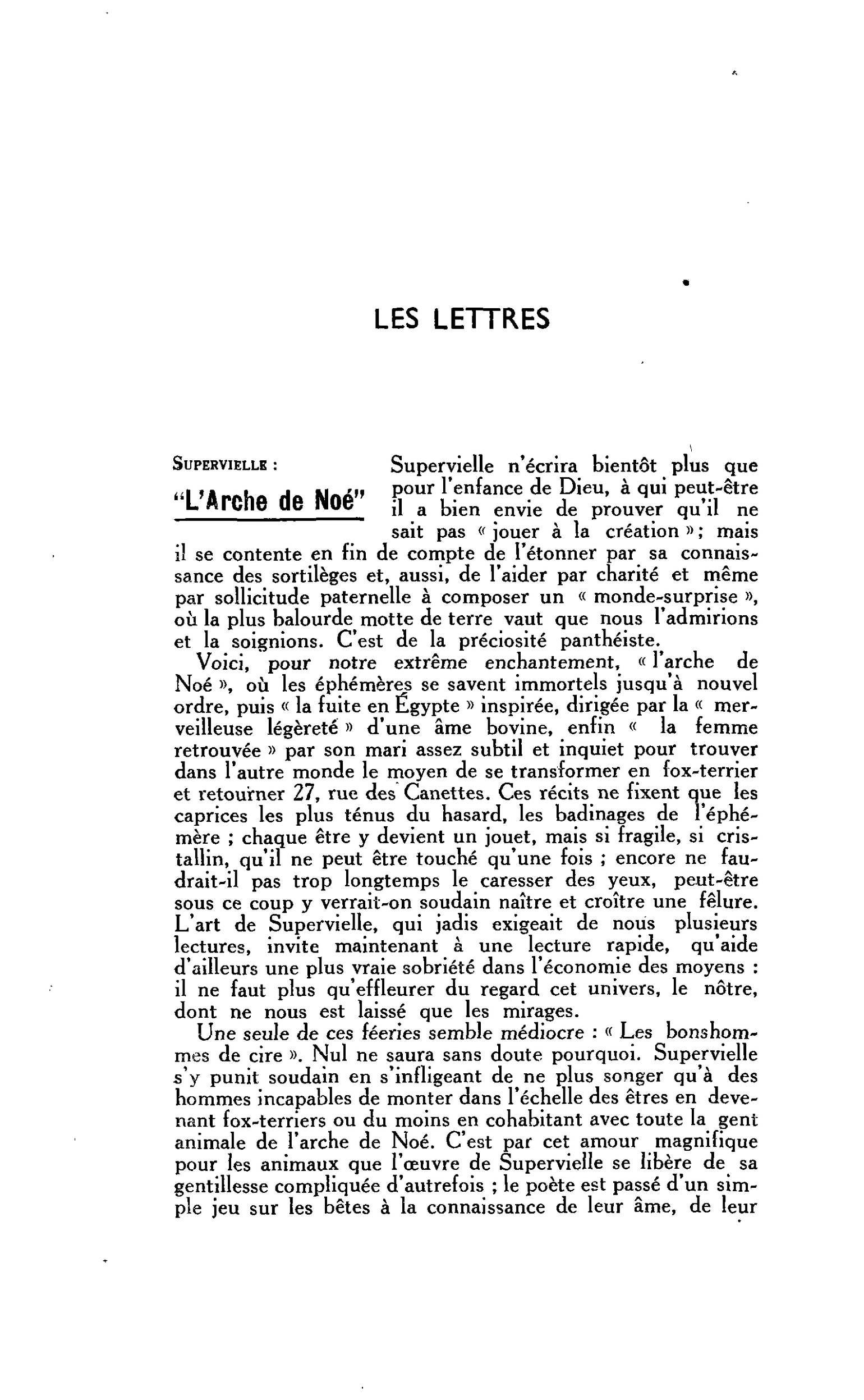 LES LETTRES. Supervielle : « L’Arche de Noé »