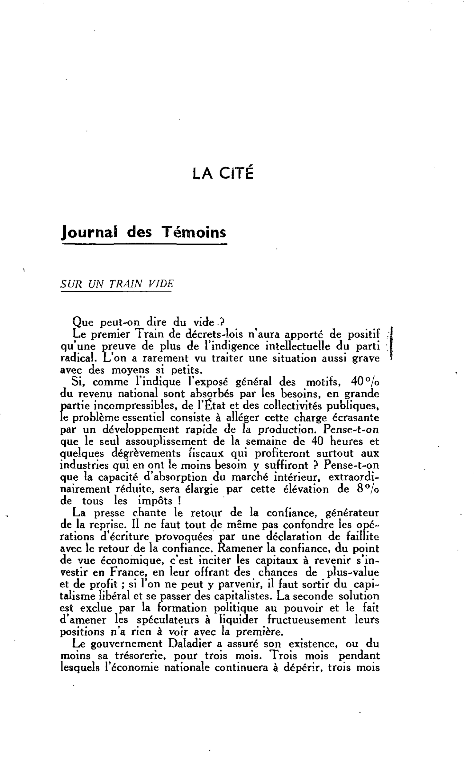 LA CITÉ : Journal des Témoins : SUR UN TRAIN VIDE