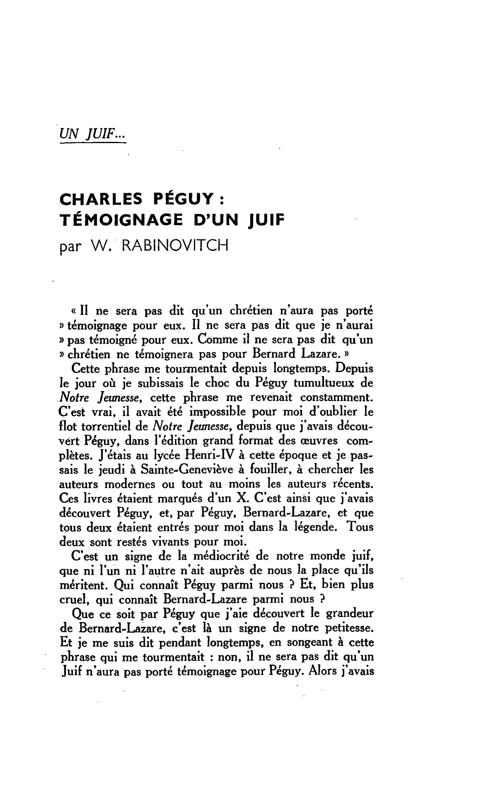 UN JUIF… CHARLES PÉGUY : TÉMOIGNAGE D’UN JUIF