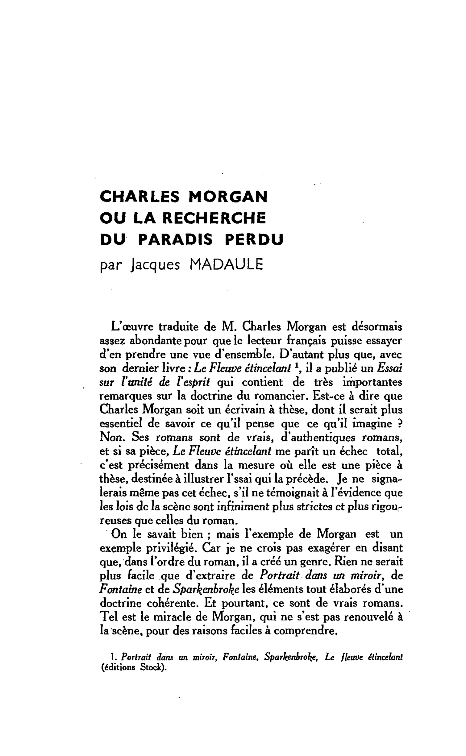 CHARLES MORGAN OU LA RECHERCHE DU PARADIS PERDU