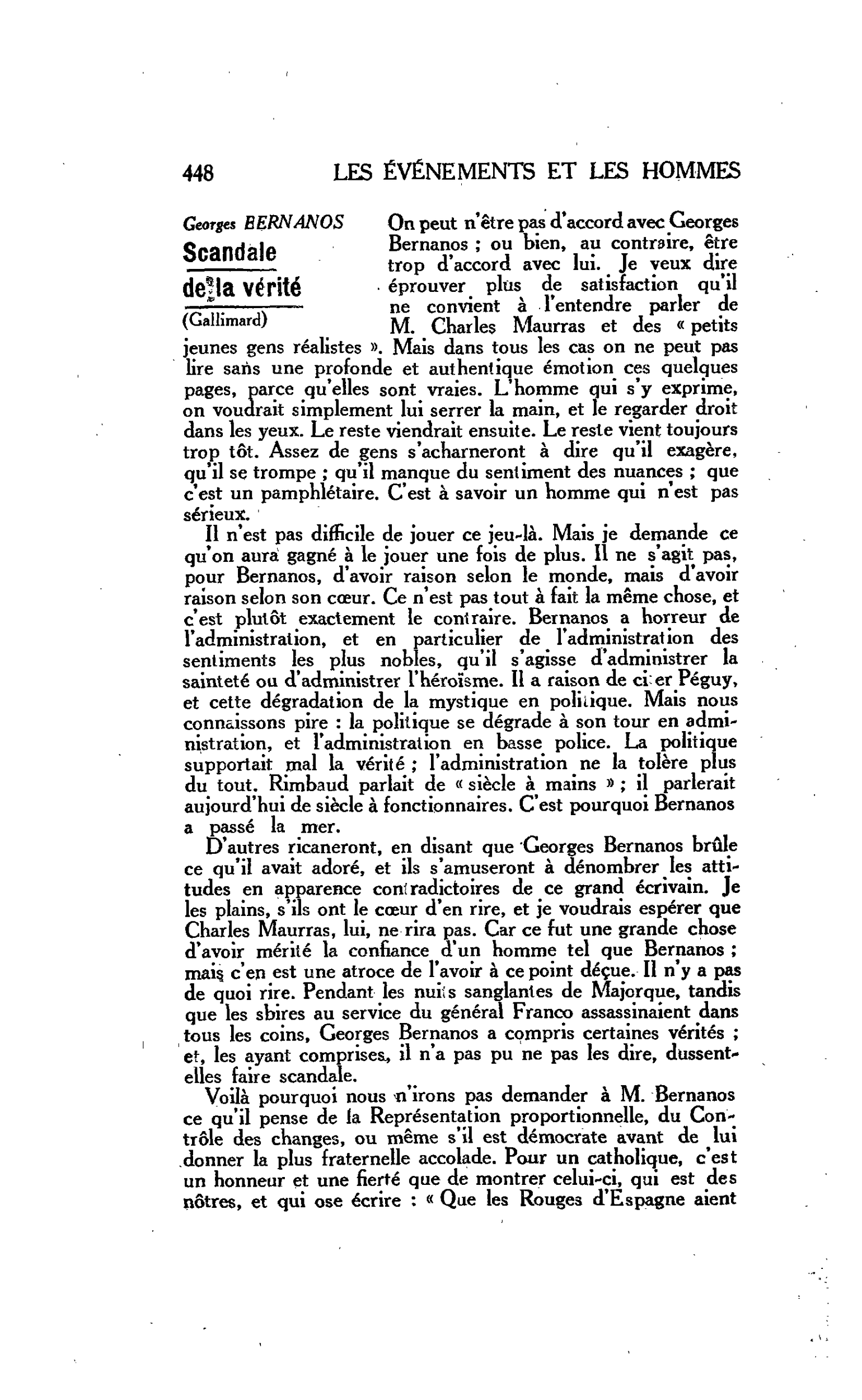 LA PENSÉE ENGAGÉE : Georges BERNANOS. Scandale de la vérité