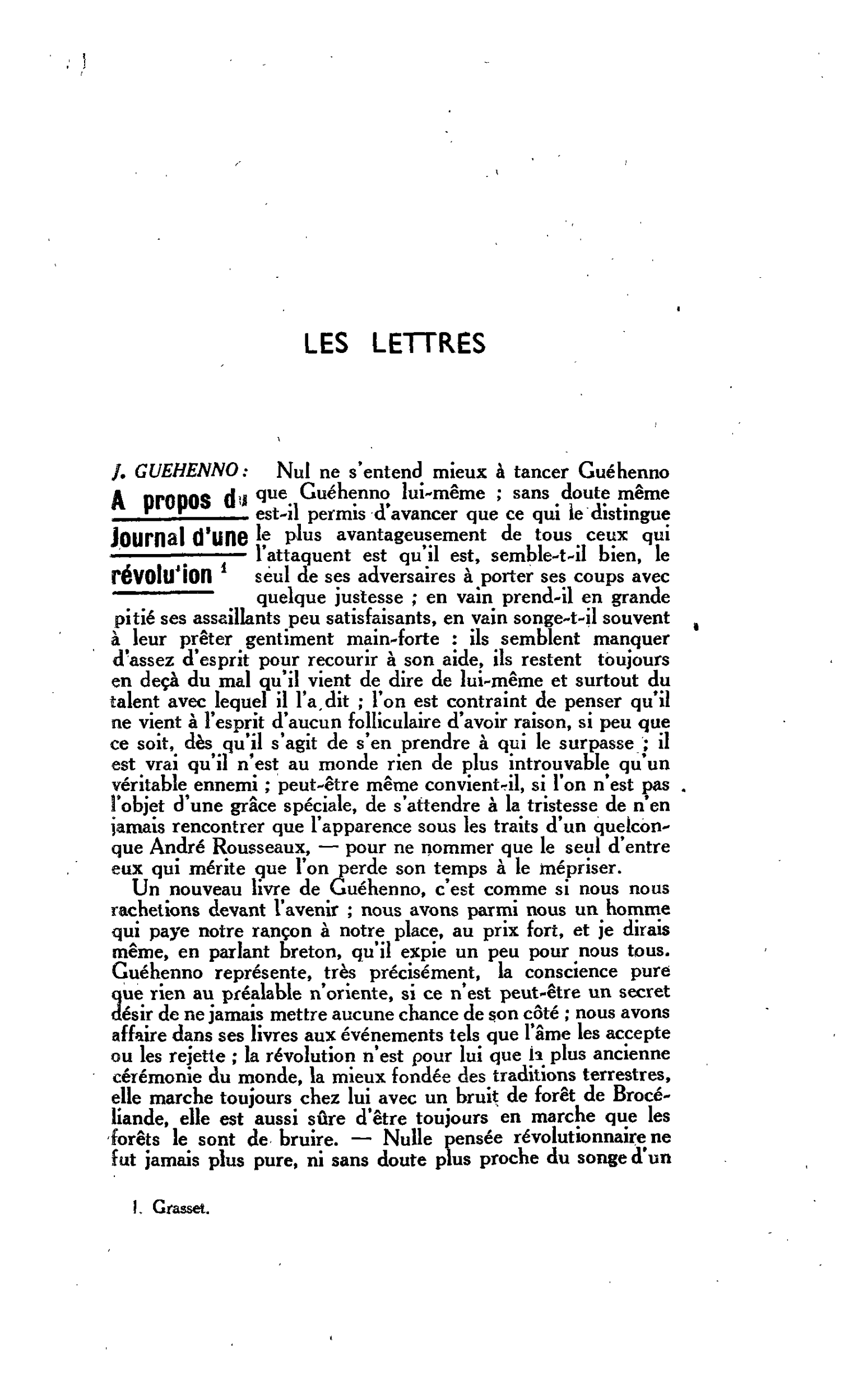 LES LETTRES J. GUEHENNO: A propos du Journal d’une révolution