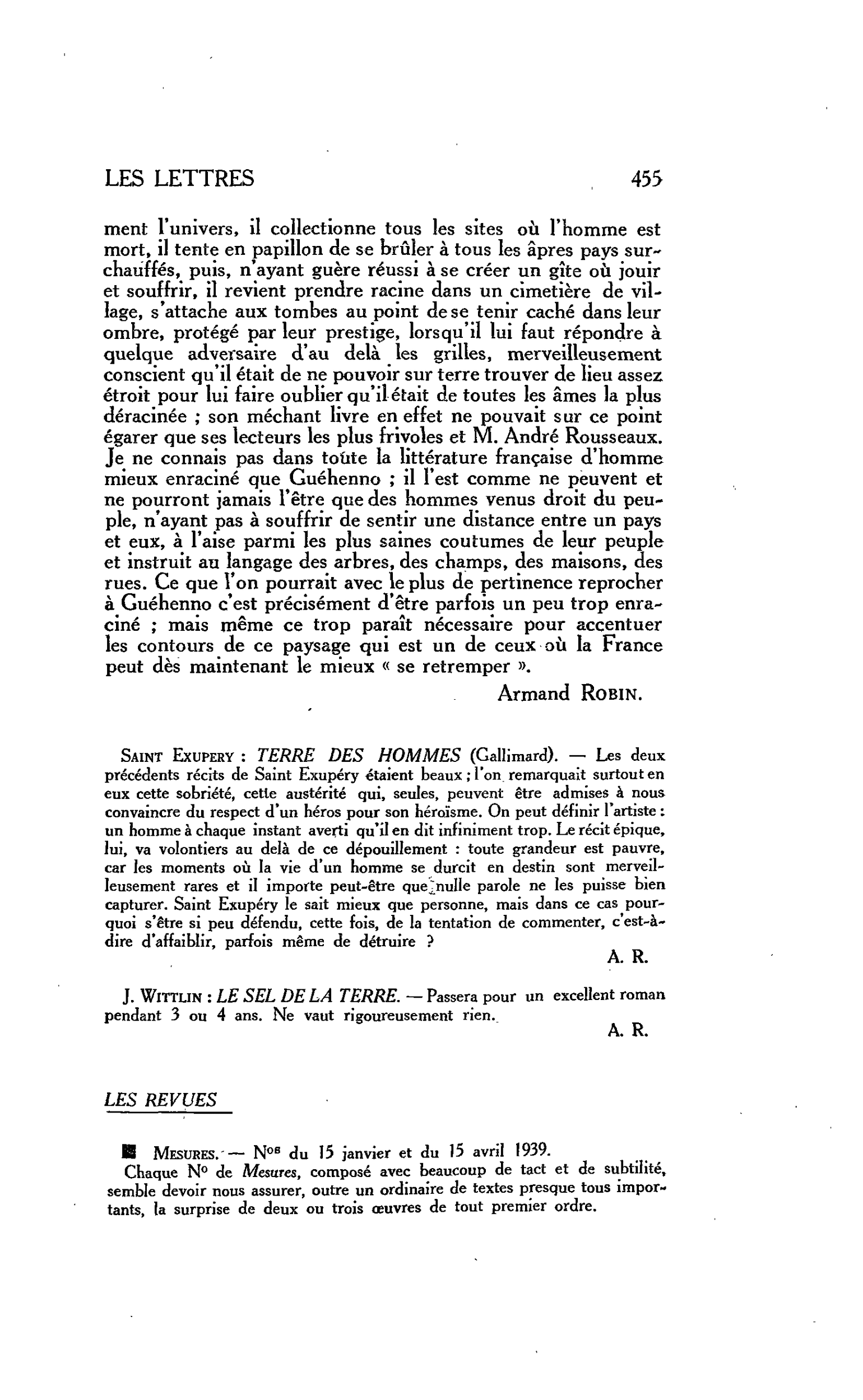 LES LETTRES : Saint Exupery : TERRE DES HOMMES