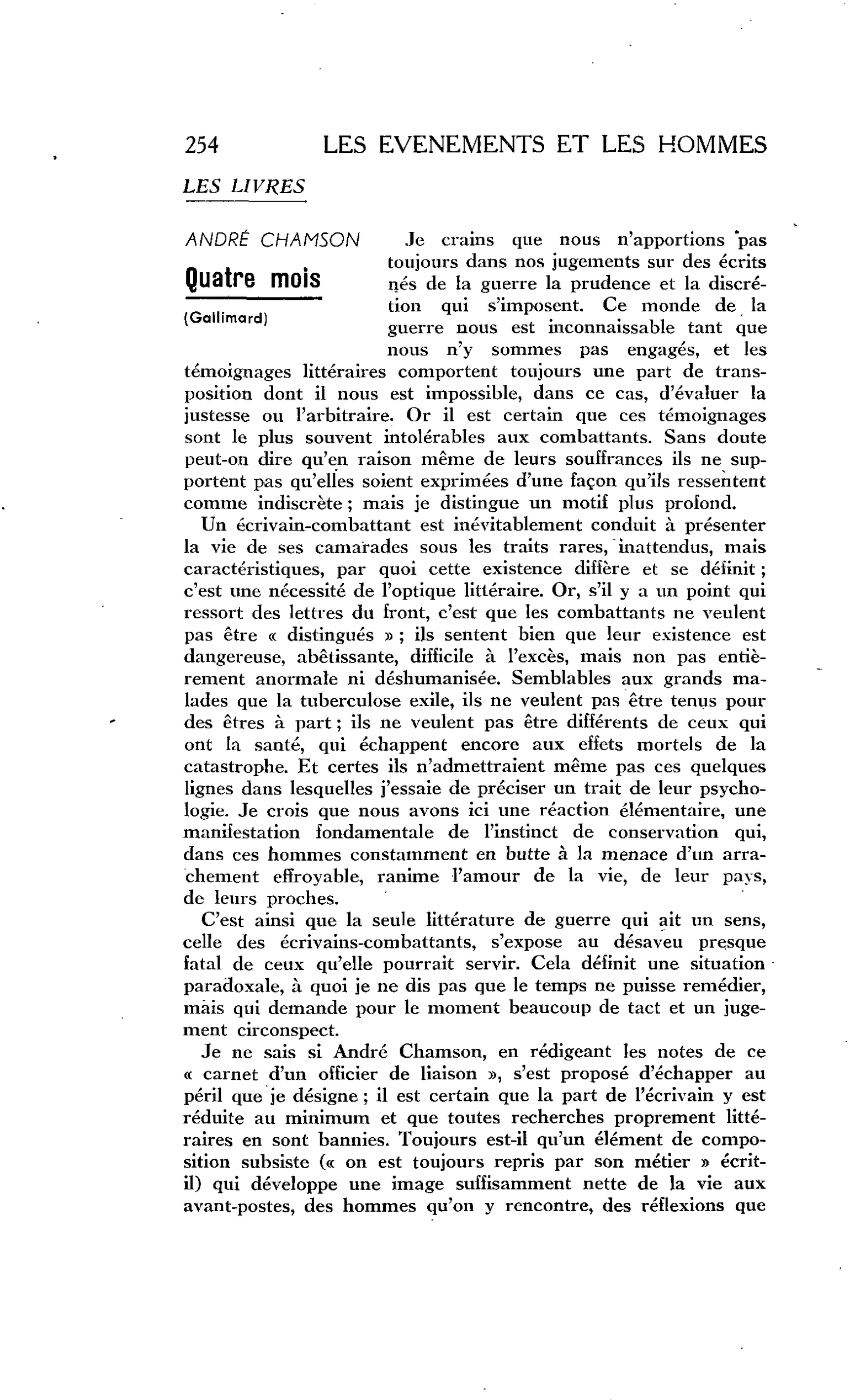 LES LETTRES. LES LIVRES ANDRÉ CHAMSON : Quatre mois