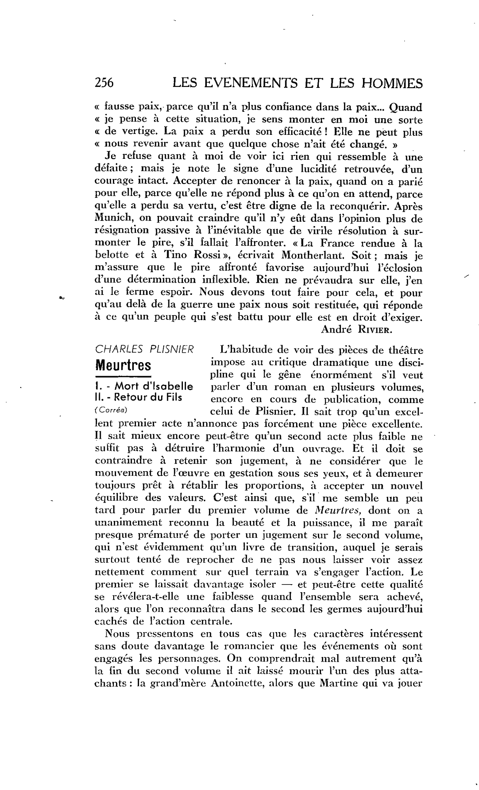 LES LETTRES. CHARLES PLISNIER. Meurtres I. - Mort d Isabelle II. - Retour du Fils