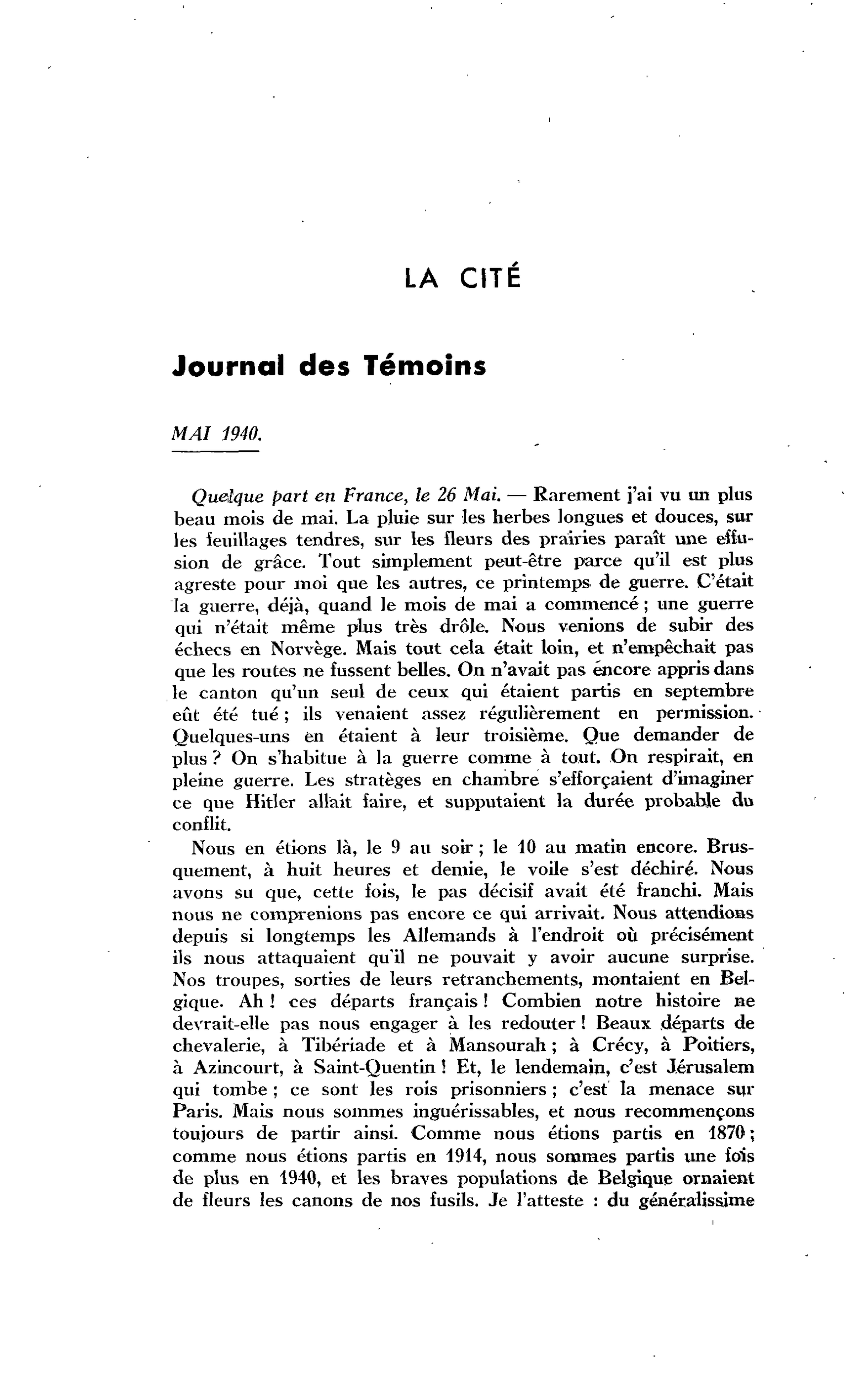 LA CITÉ. Journal des Témoins : MAI 1940