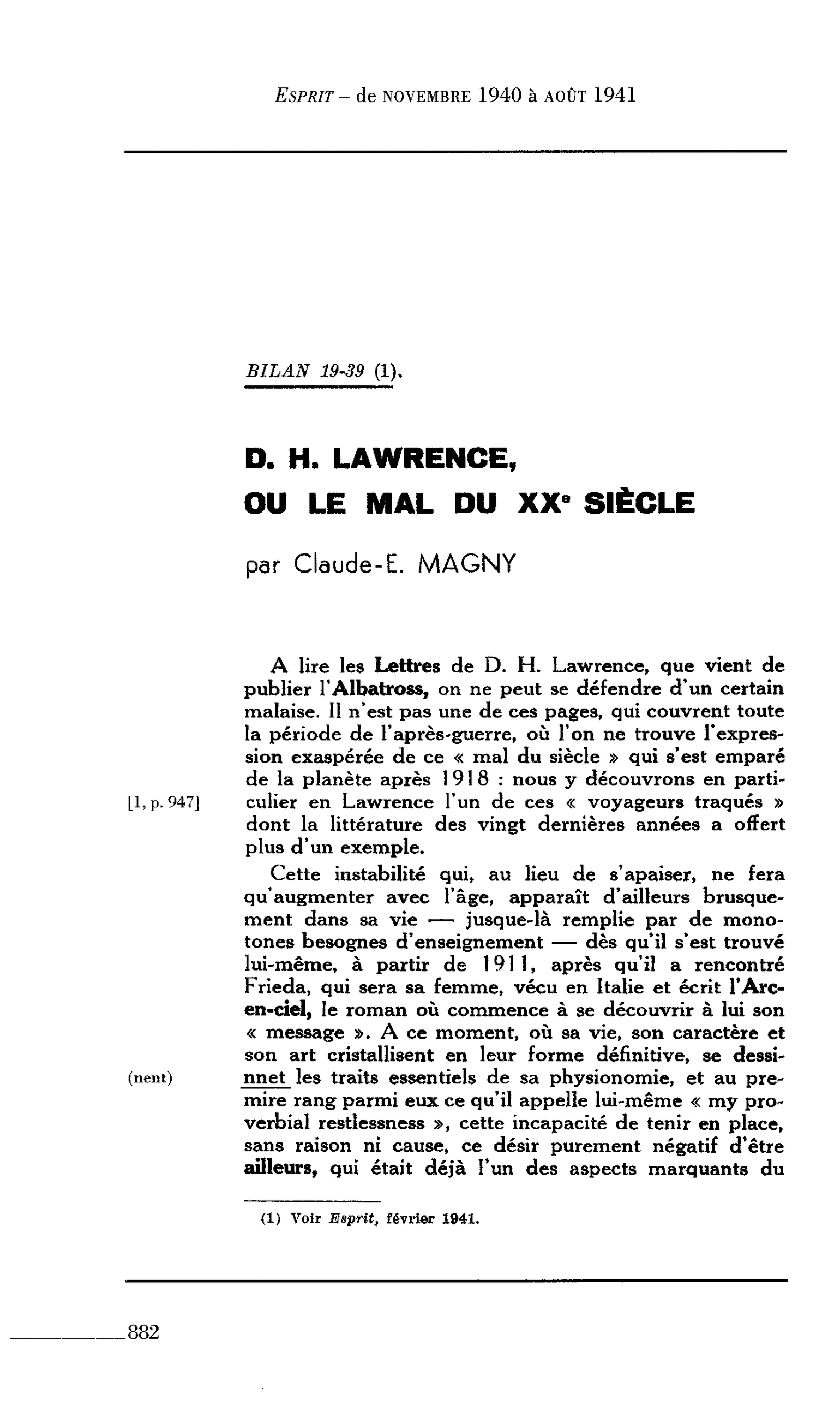 BILAN 19-39 (1). D. H. LAWRENCE, OU LE MAL DU XX° SIÈCLE