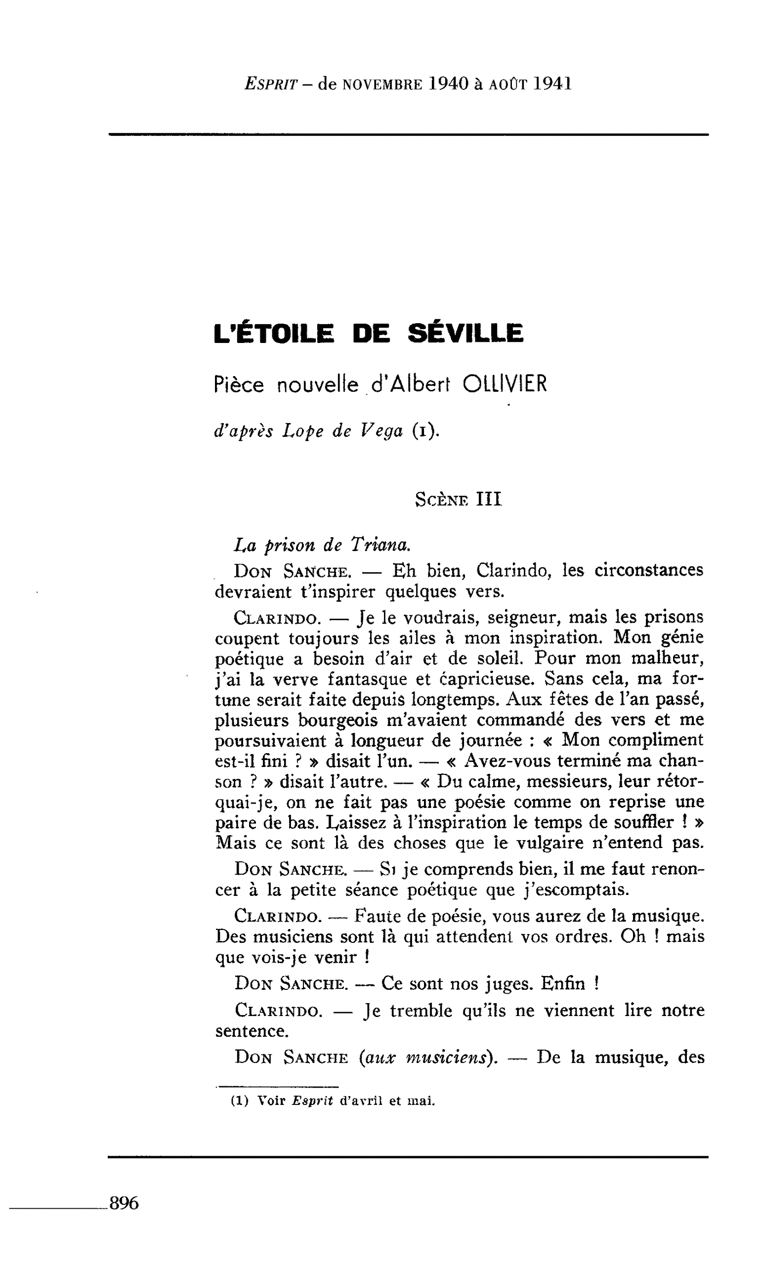 L’ÉTOILE DE SÉVILLE : Pièce nouvelle d’Albert OLLIVIER d’après Lope de Vega (i)