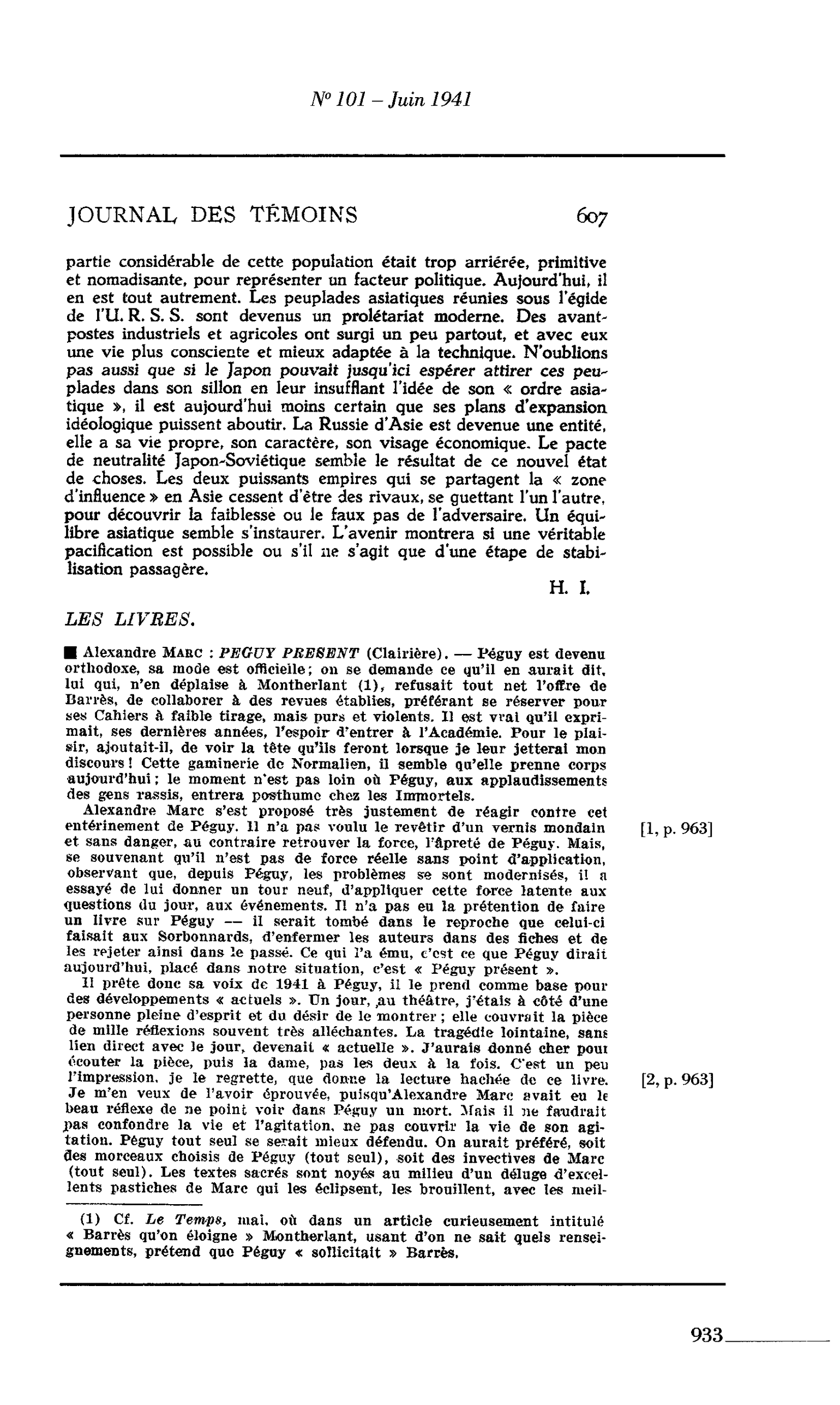 Journal des Témoins : LES LIVRES. Alexandre Marc : PEGUY PRESENT