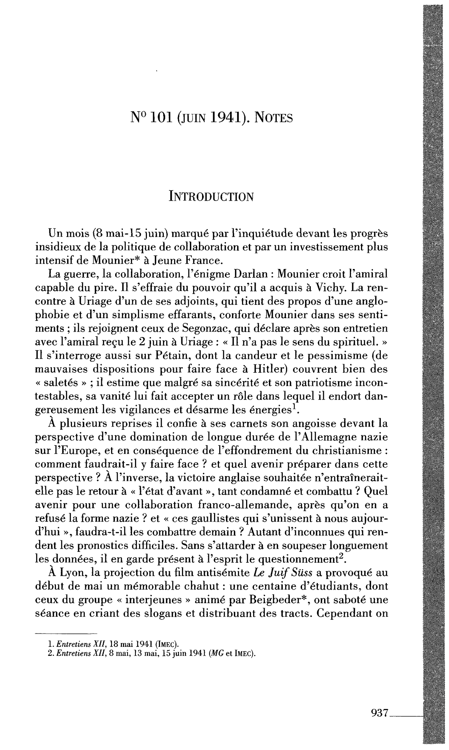 N° 101 (juin 1941). Notes Introduction