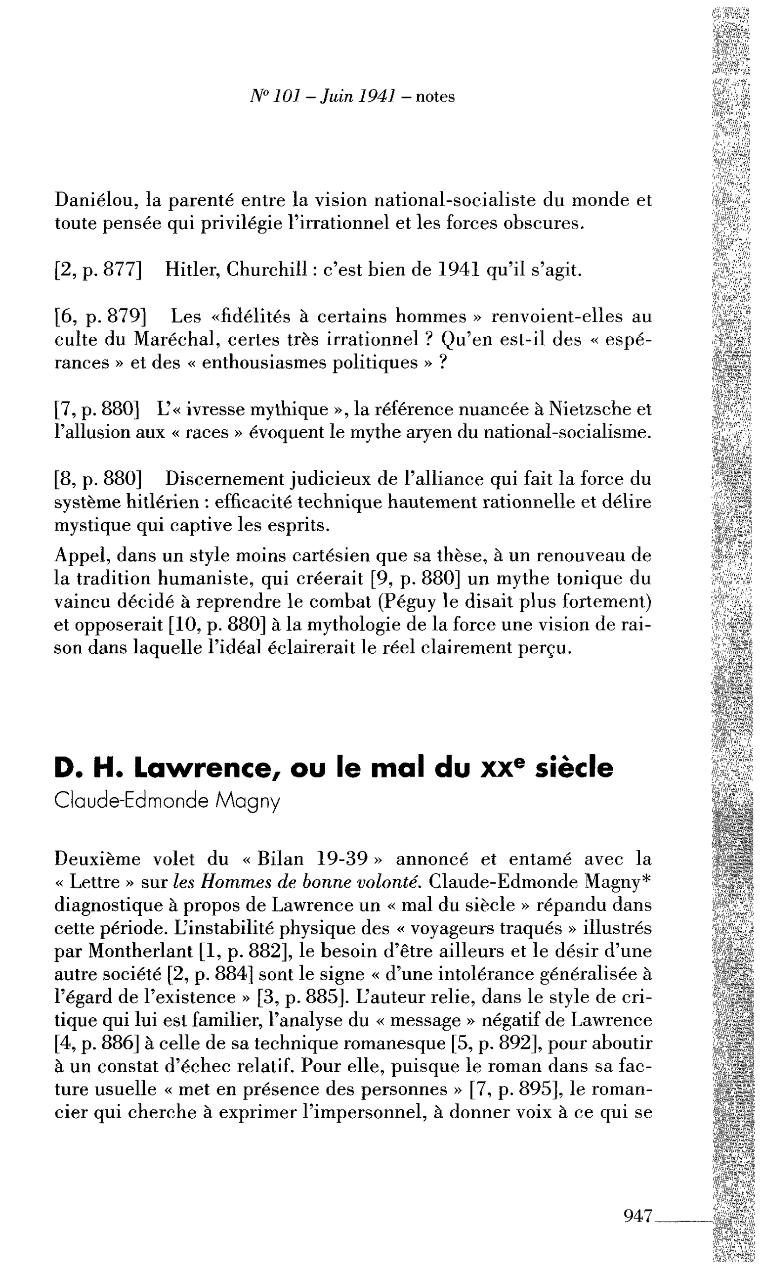 D. H. Lawrence, ou le mal du XXe siècle (par Magny Claude-Edmonde)
