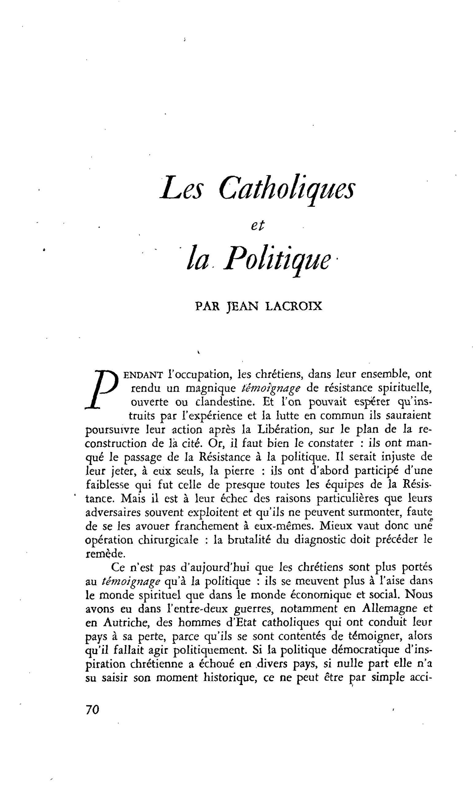 Les Catholiques et la Politique