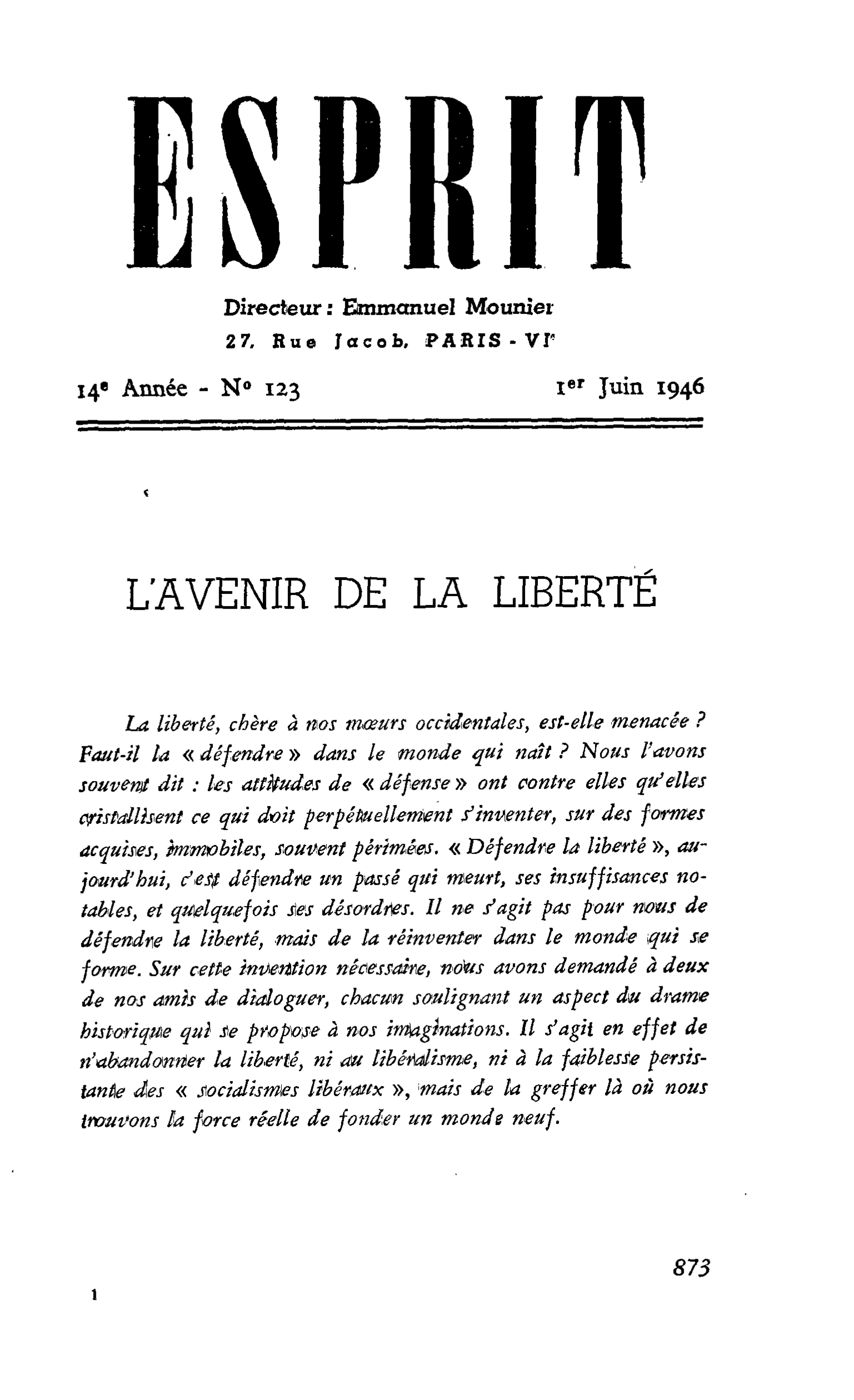 L’AVENIR DE LA LIBERTÉ