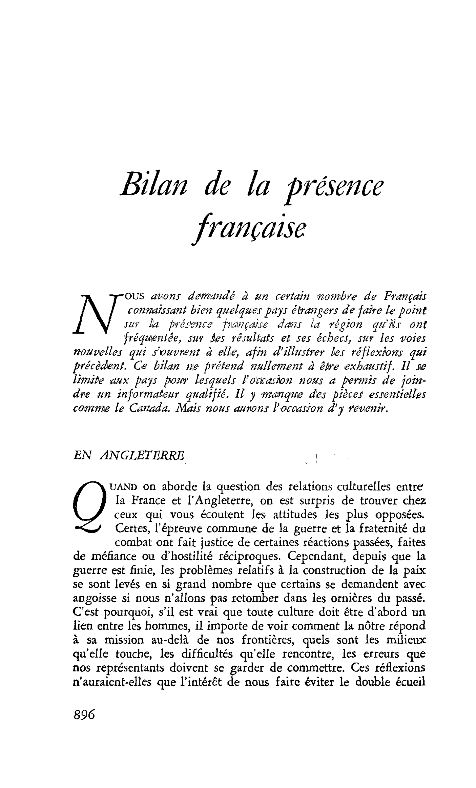 Bilan de la présence française : EN ANGLETERRE
