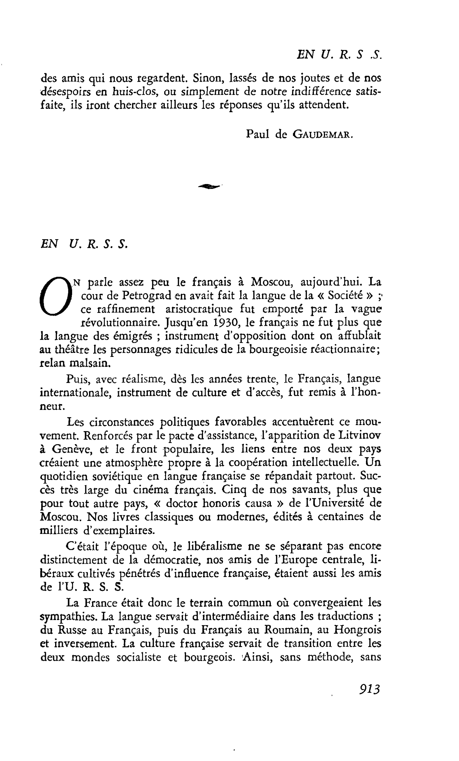 Bilan de la présence française : EN U. R. S. S.