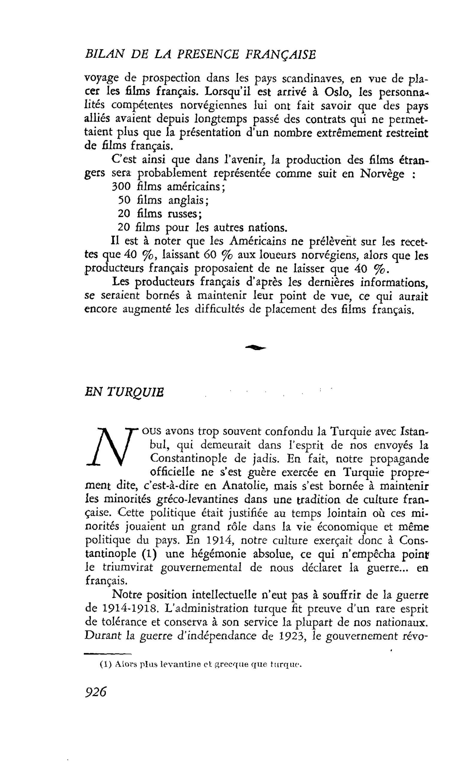Bilan de la présence française : EN TURQUIE