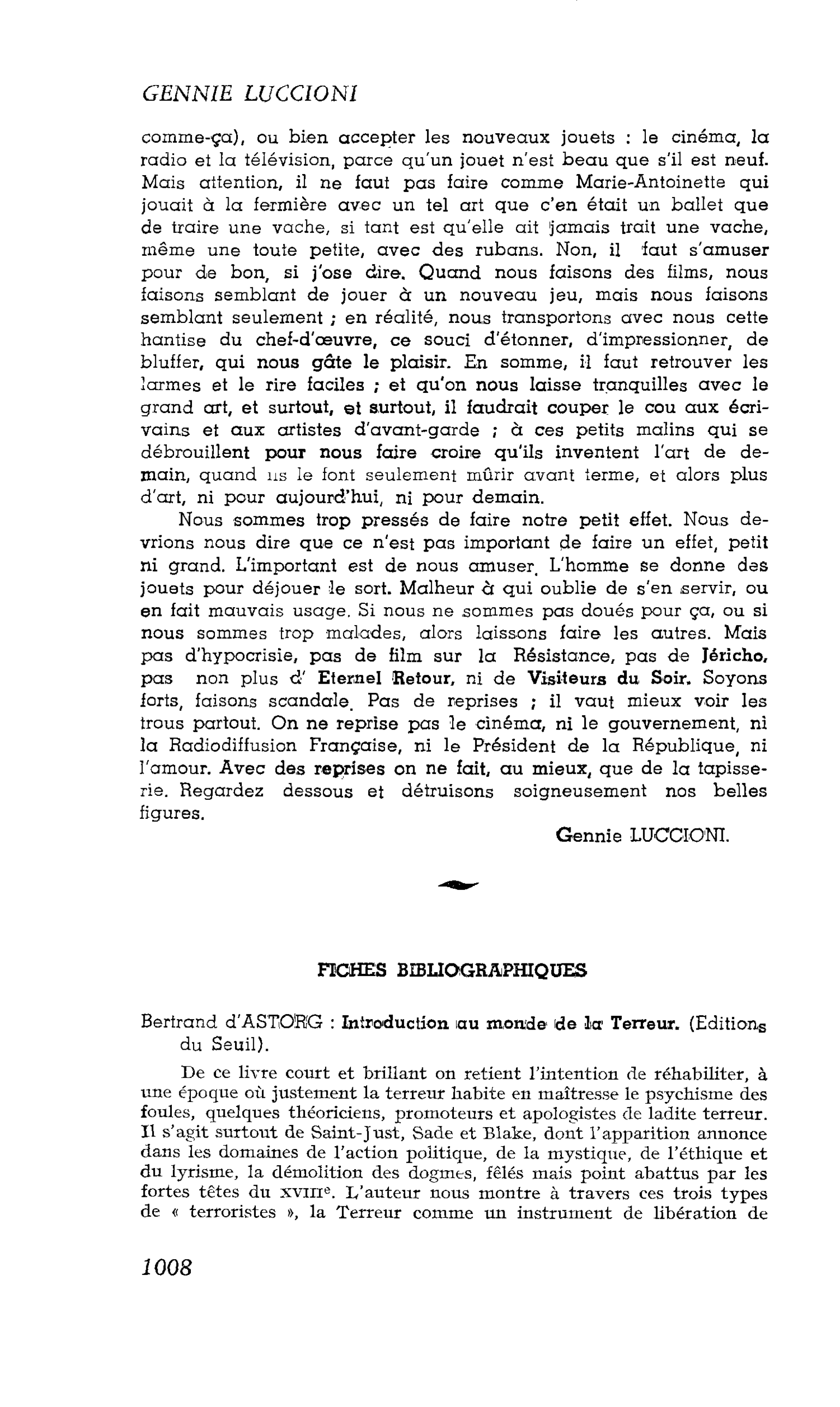 LES LETTRES. FICHES BIBLIOGRAPHIQUES. Bertrand d’ASTORG : Introduction au monde de la Terreur