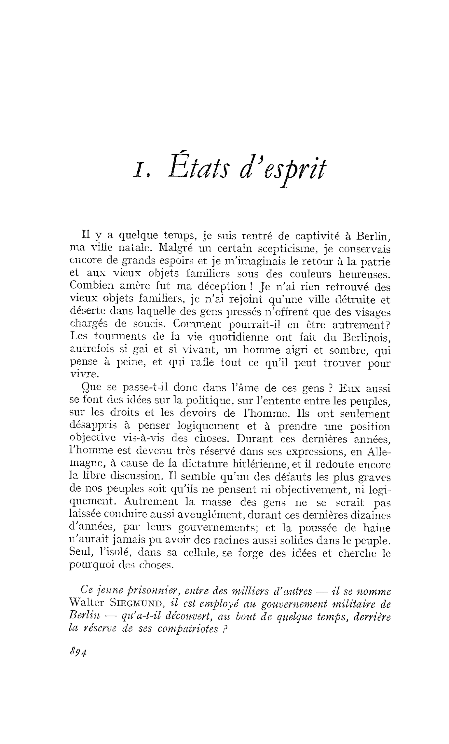 I. Etats d’esprit