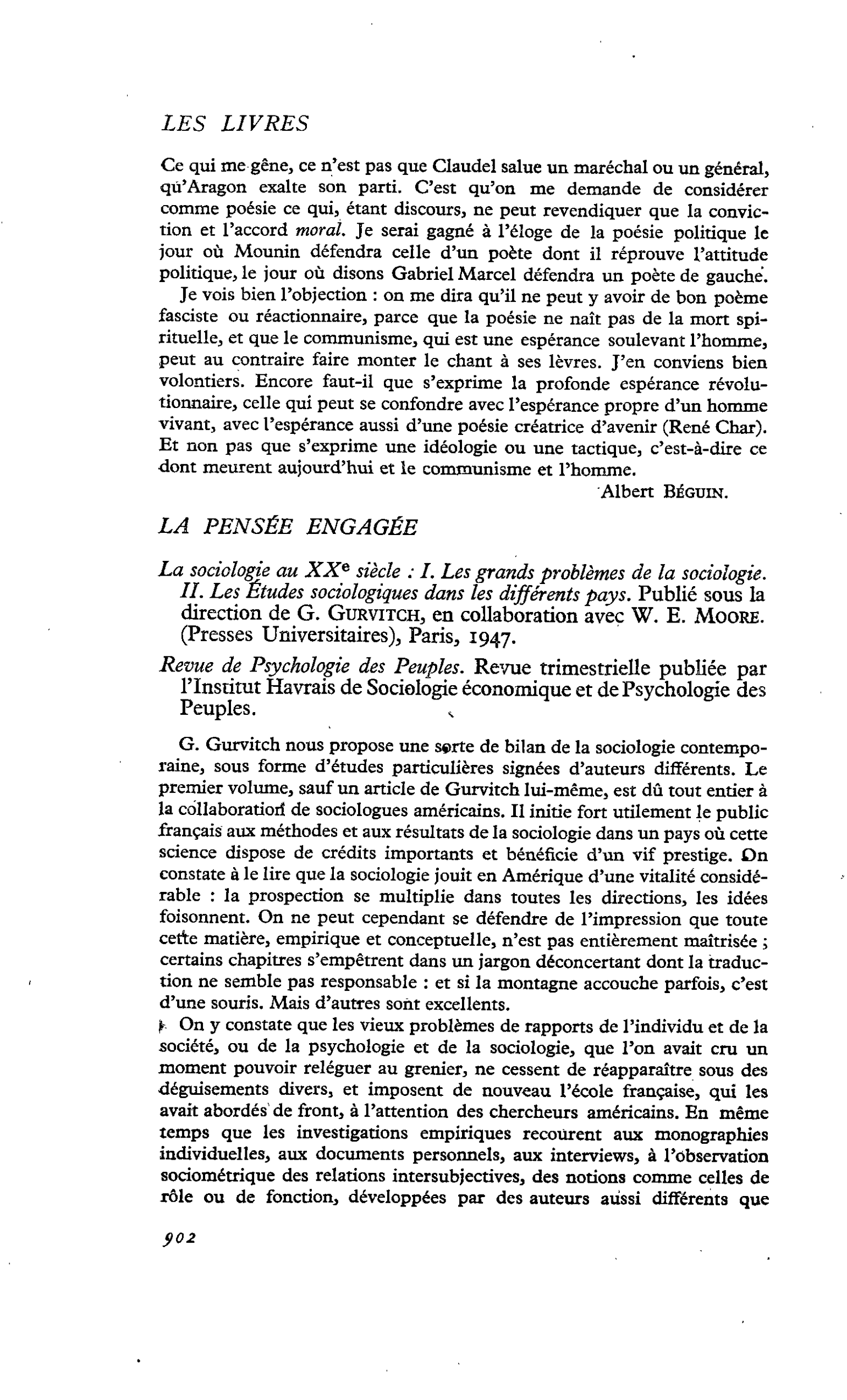 La sociologie au XXe siècle : I. Les grands problèmes de la sociologie. II. Les Études sociologiques dans les différents pays. Publié sous la direction de G. Gurvitch, en collaboration avec W. E. Moore. Revue de Psychologie des Peuples. Revue trimestriell