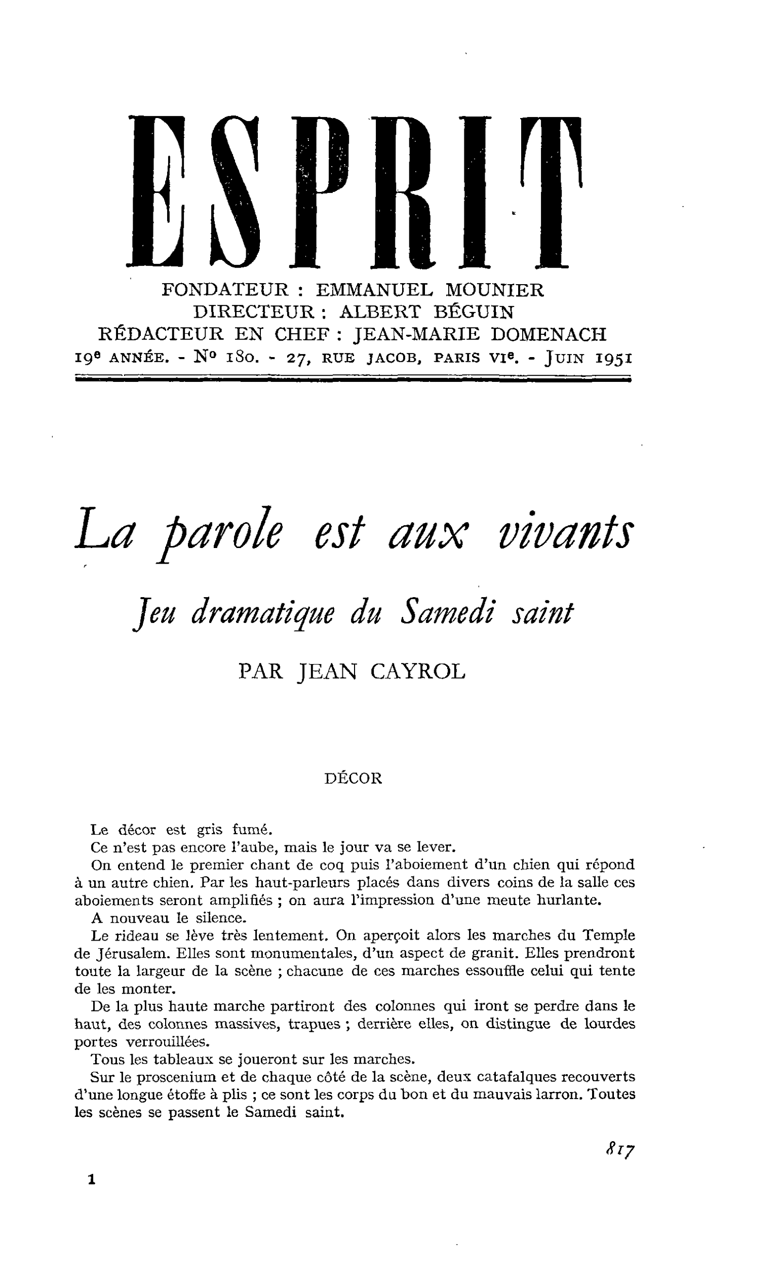 La parole est aux vivants. Jeu dramatique du Samedi saint