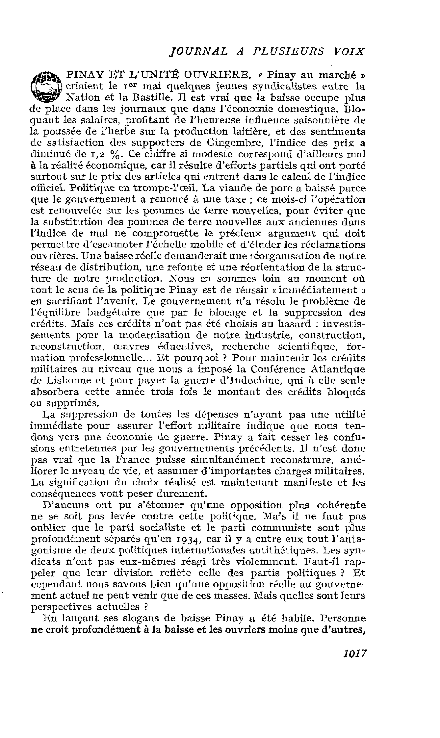 Pinay et l’unité ouvrière