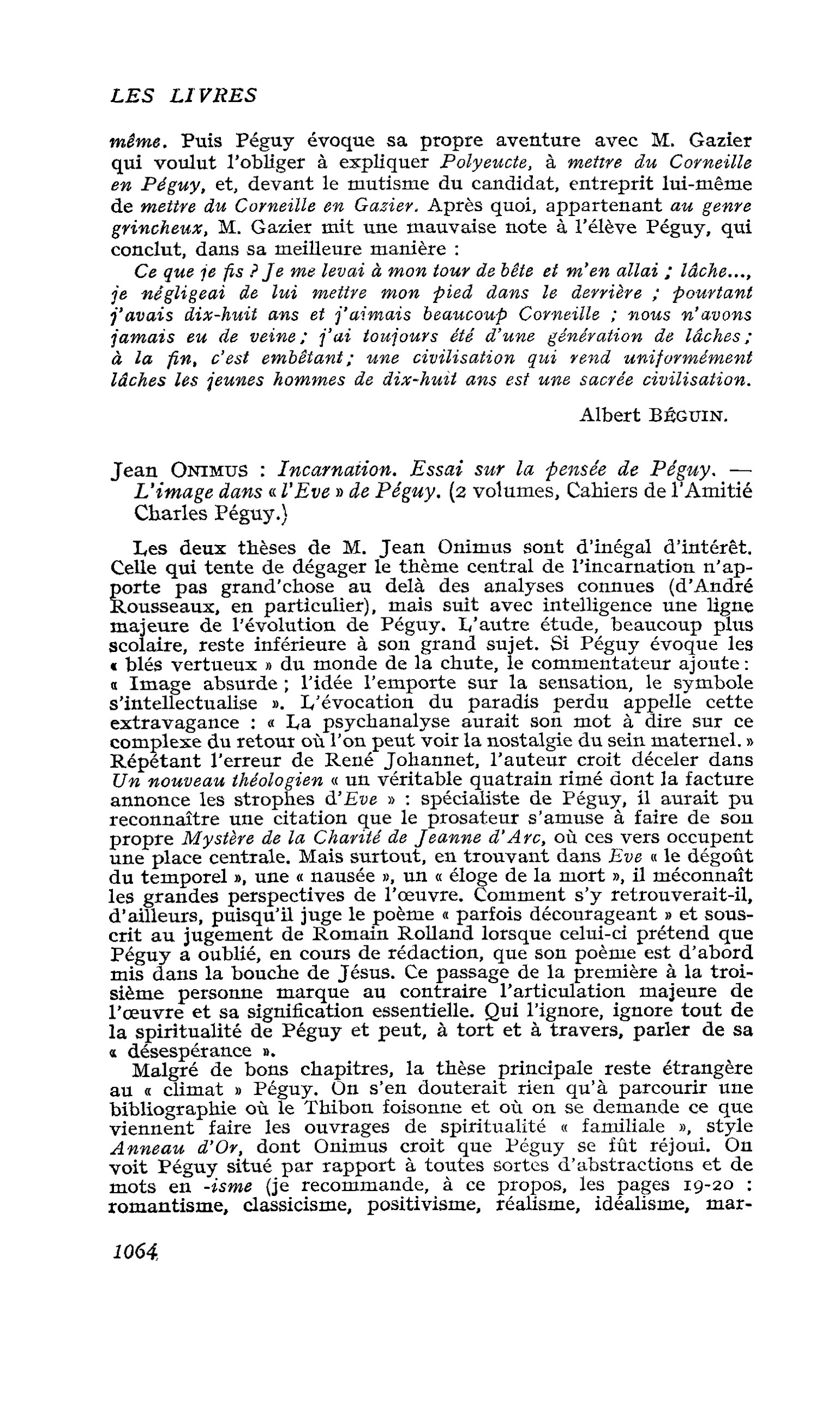Jean Onimus : Incarnation. Essai sur la pensée de Péguy. ? L’image dans « l’Eve » de Péguy