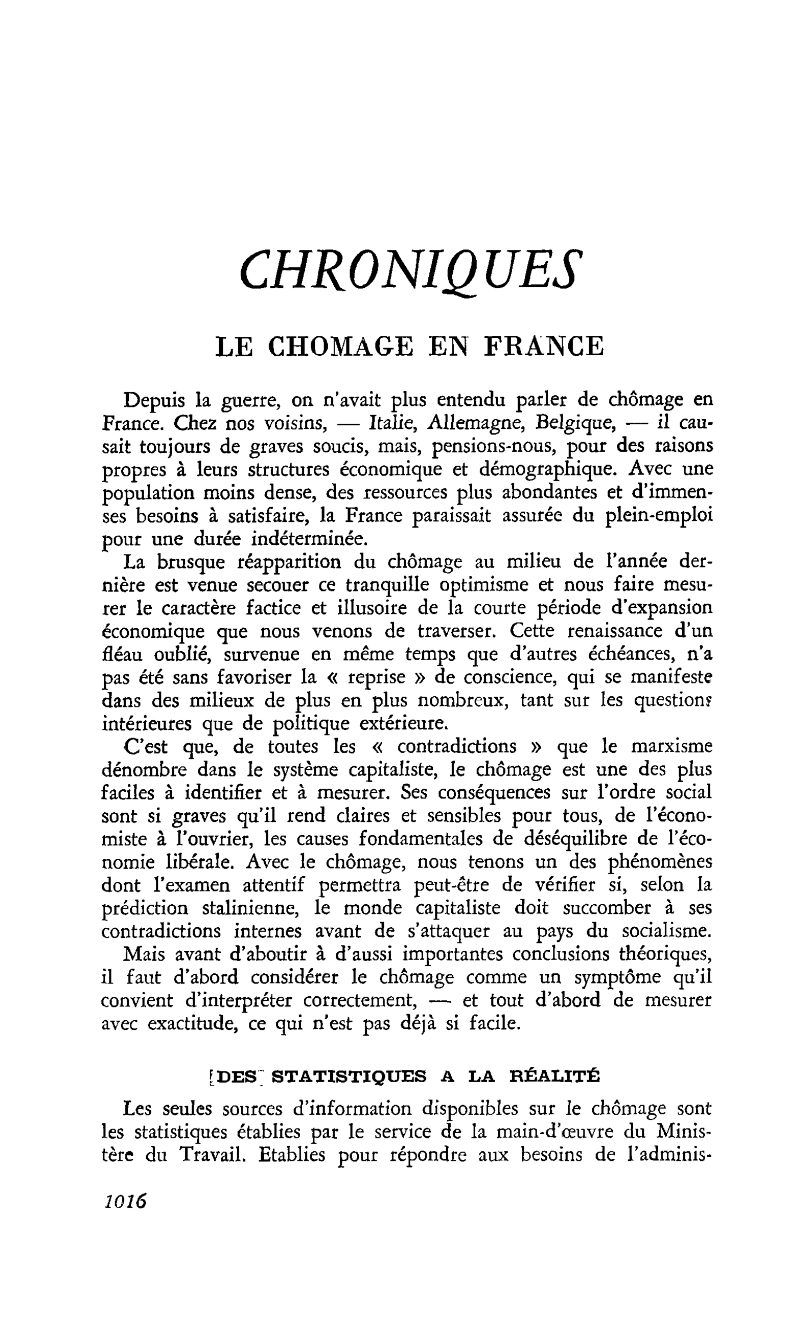 LE CHOMAGE EN FRANCE