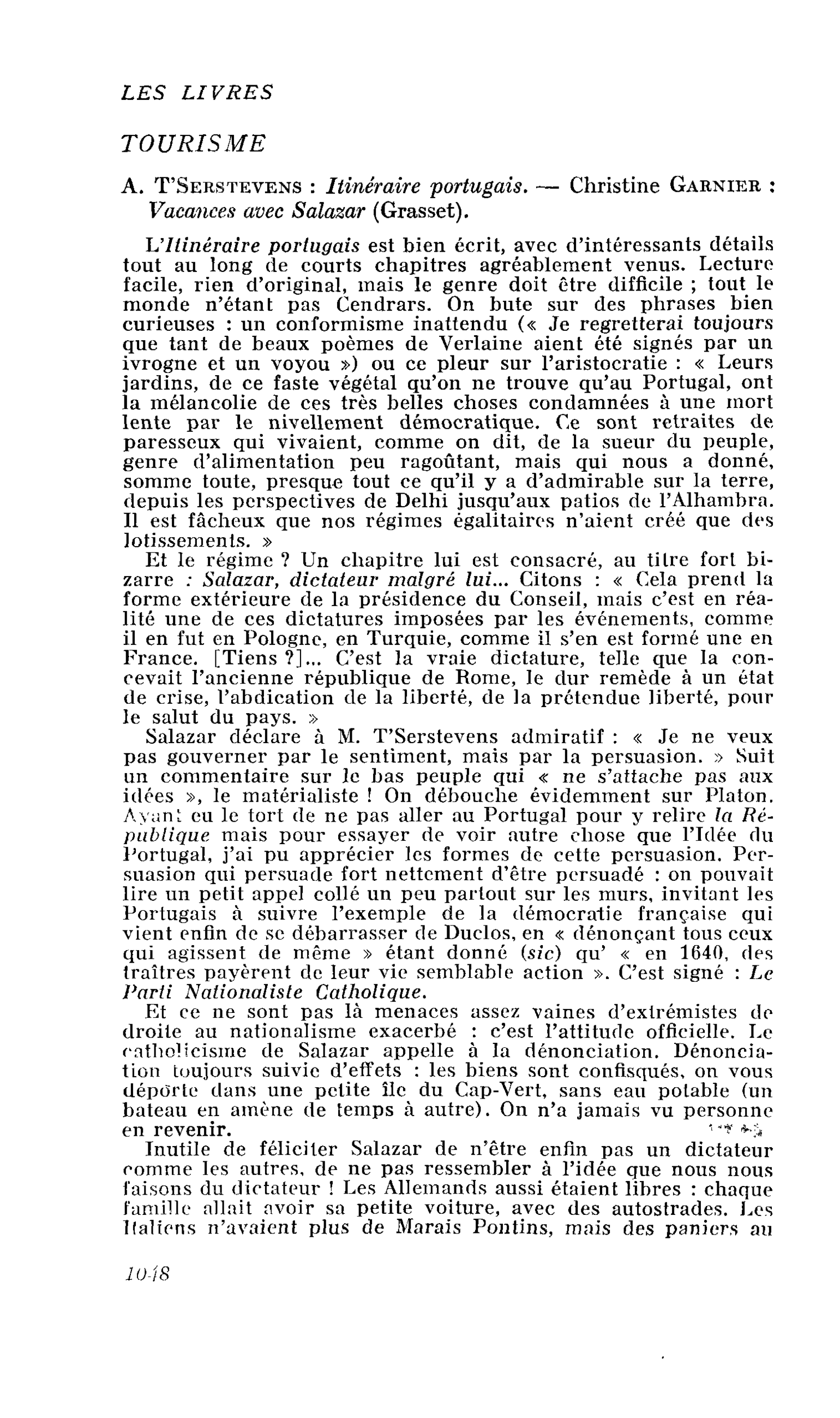 A. T’Serstevens : Itinéraire portugais. ? Christine Garnier Vacances avec Salazar