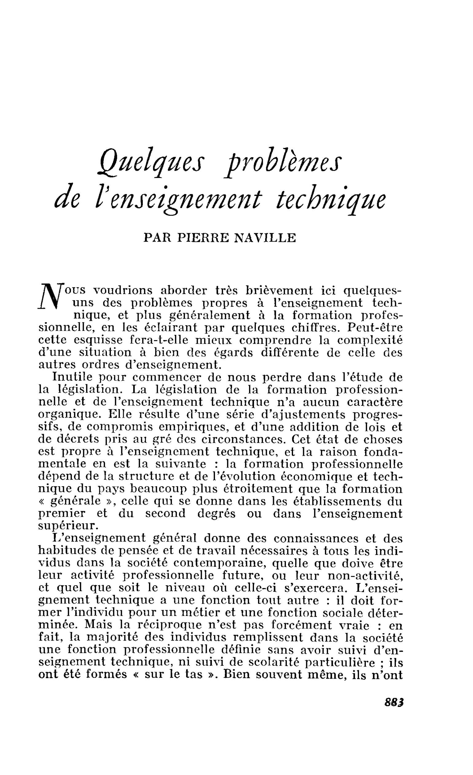 Quelques problèmes de l’enseignement technique