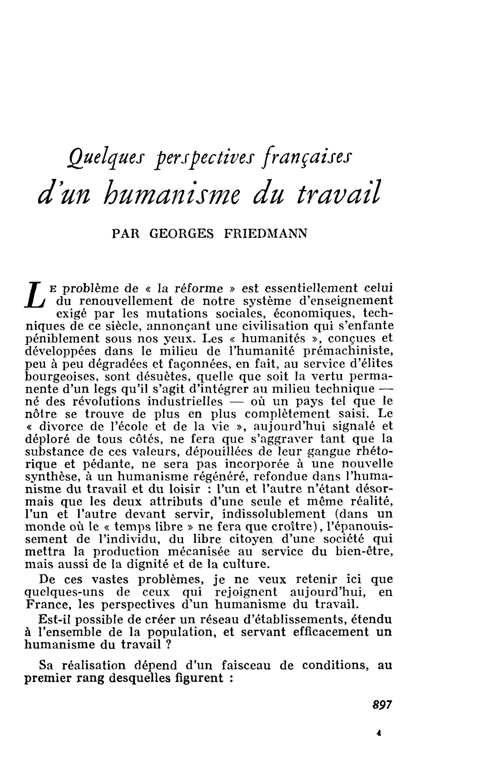 Quelques perspectives françaises d’un humanisme du travail