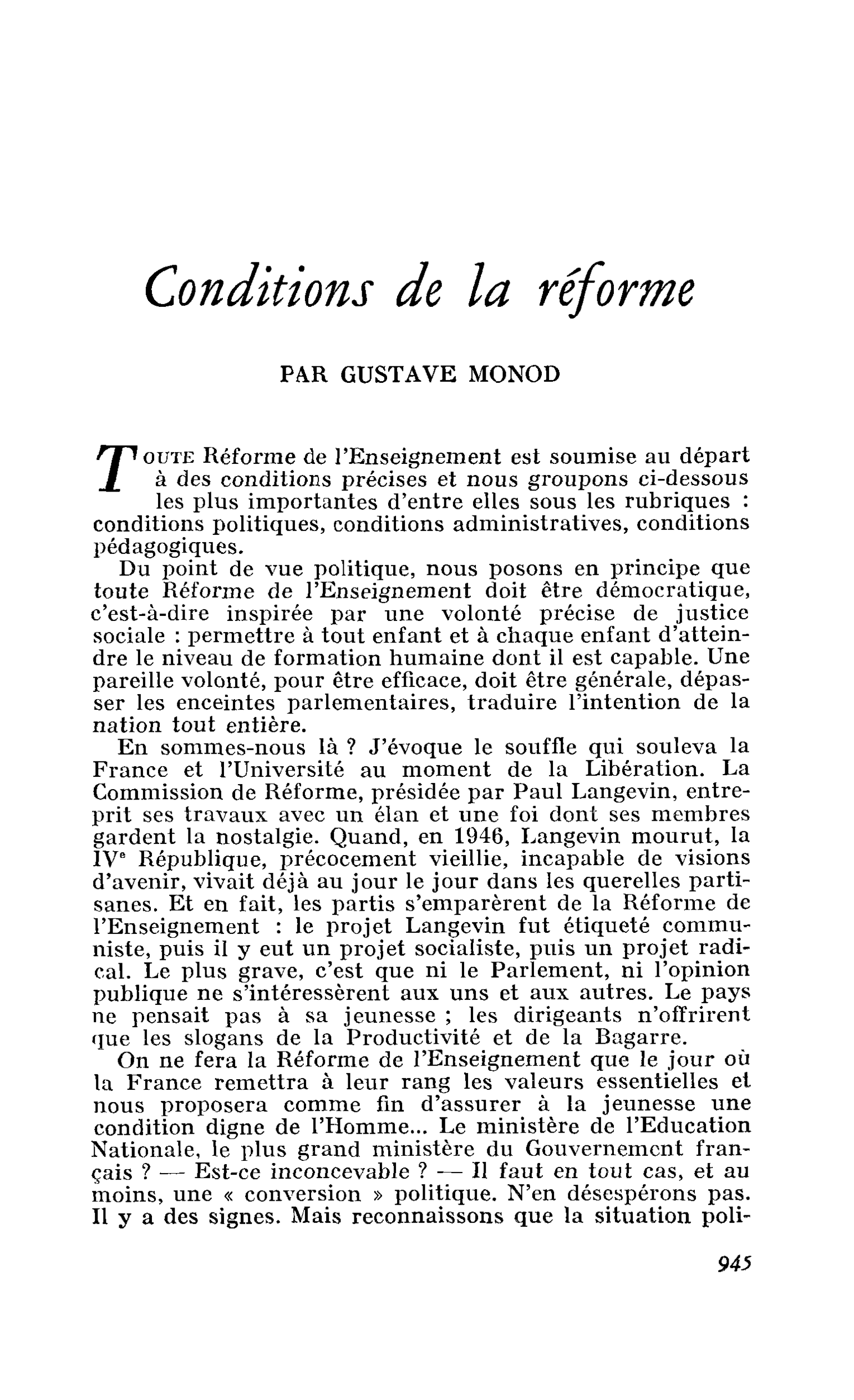 Conditions de la réforme
