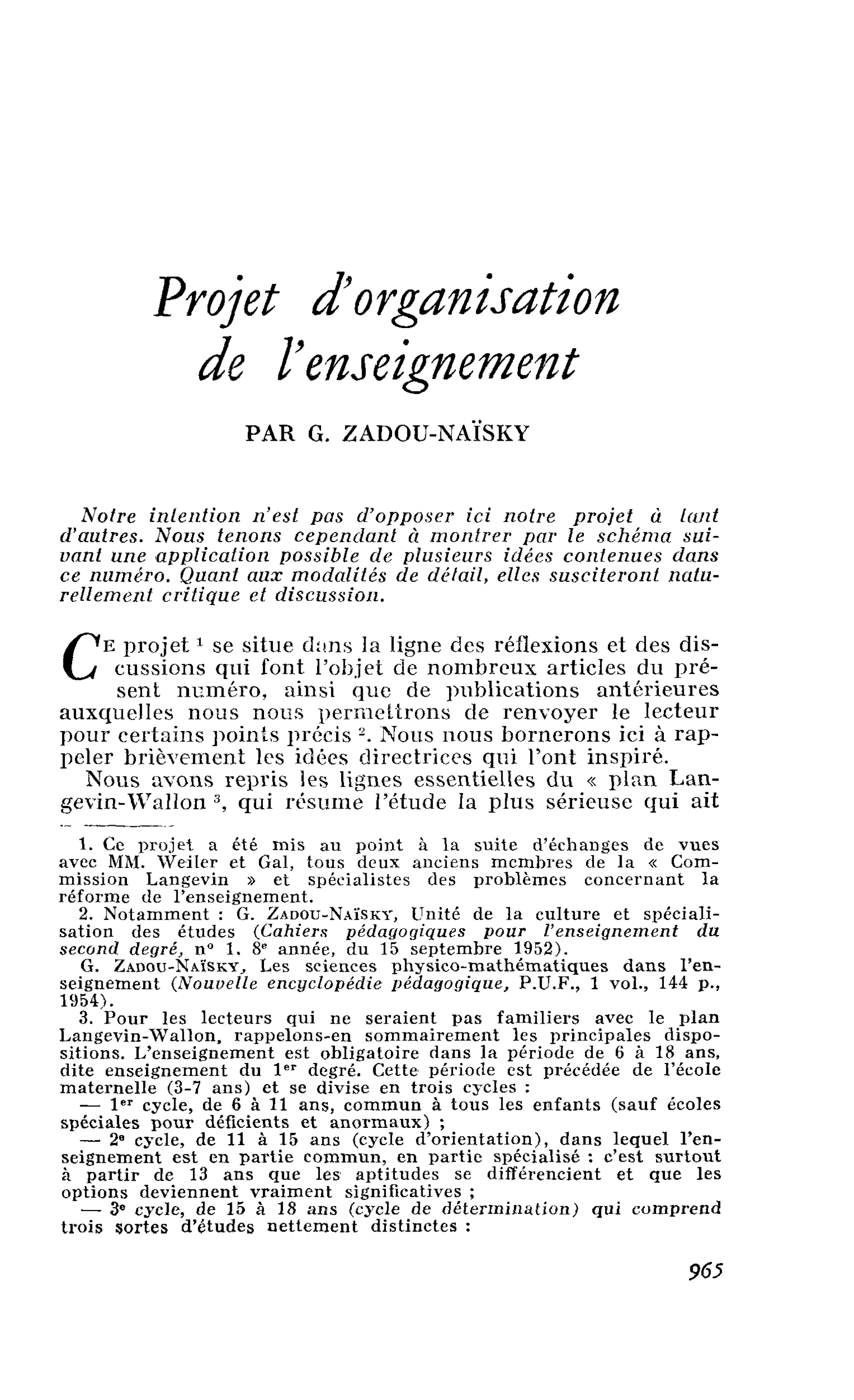 Projet d’organisation de l’enseignement