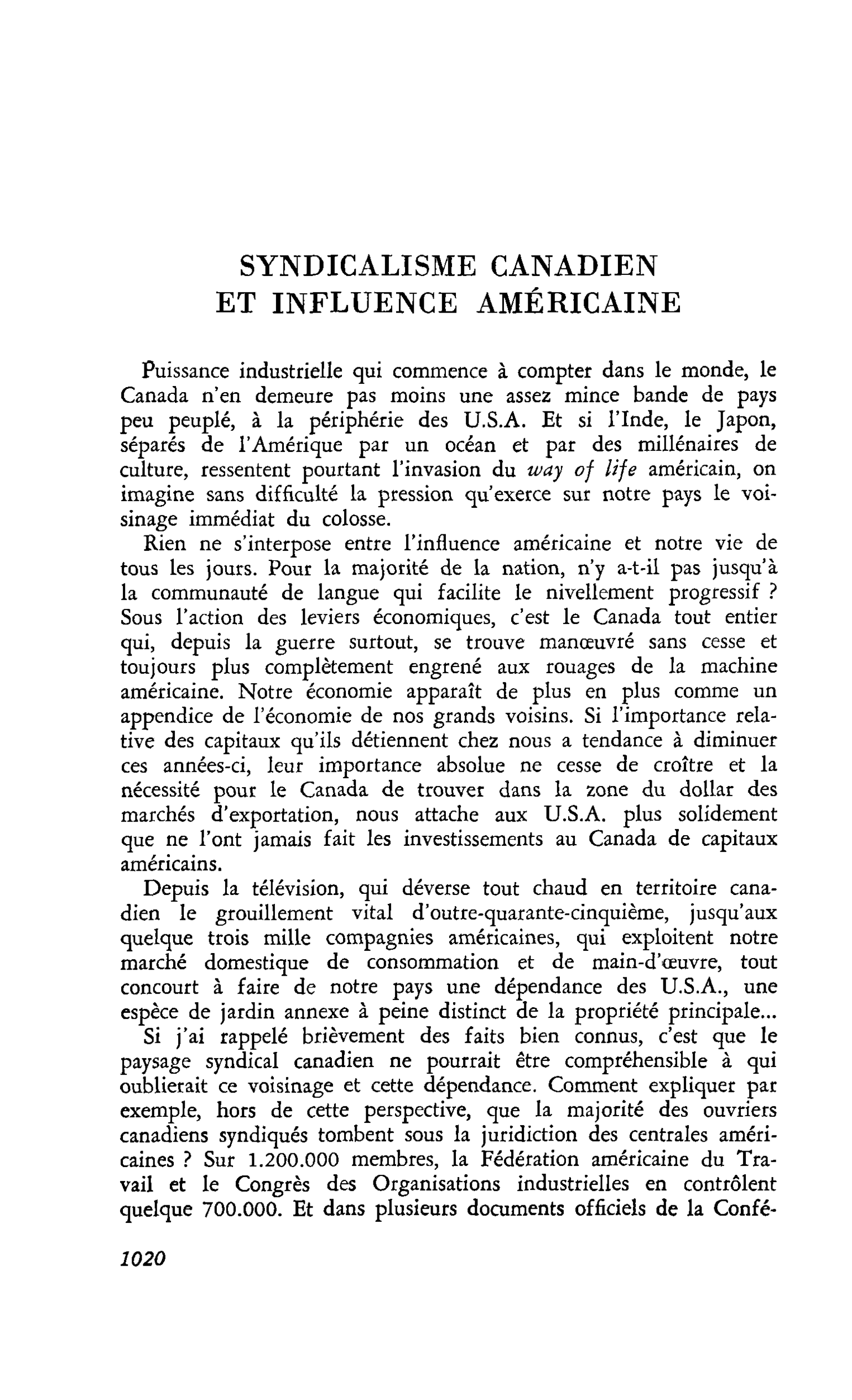 SYNDICALISME CANADIEN ET INFLUENCE AMÉRICAINE
