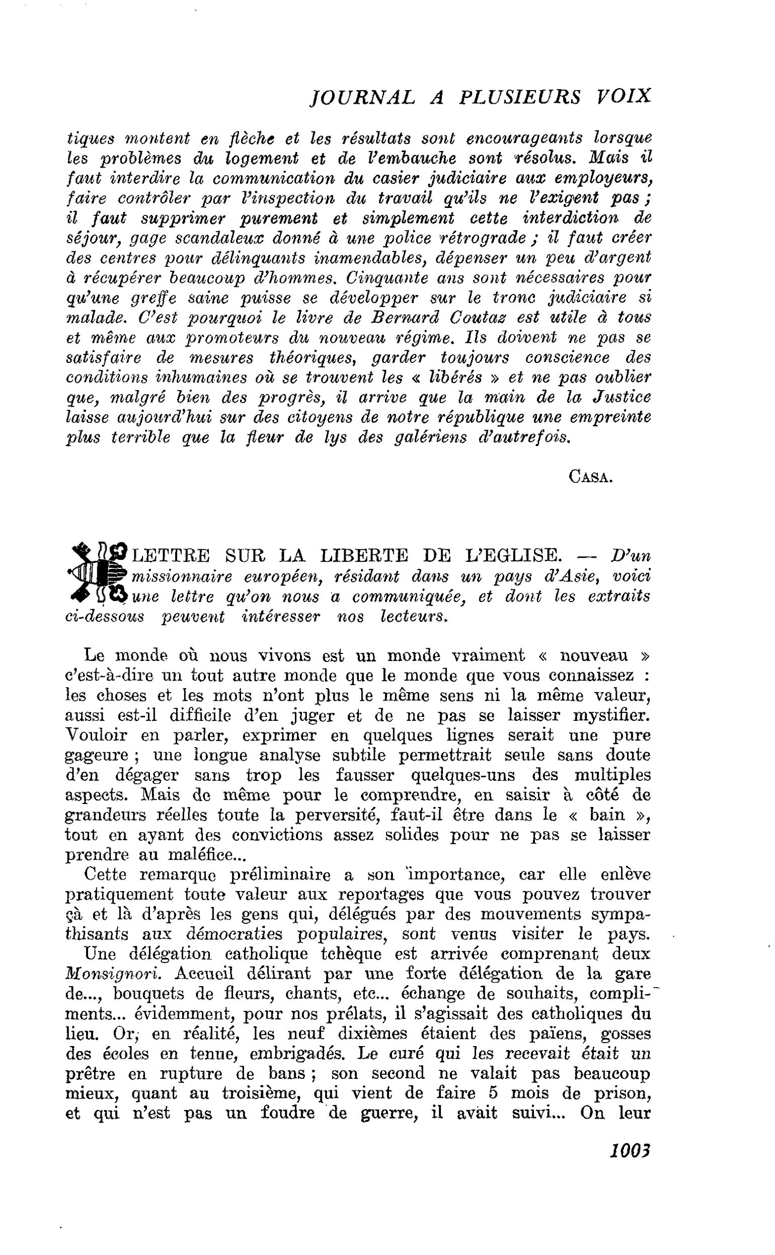 LETTRE SUR LA LIBERTE DE L’EGLISE