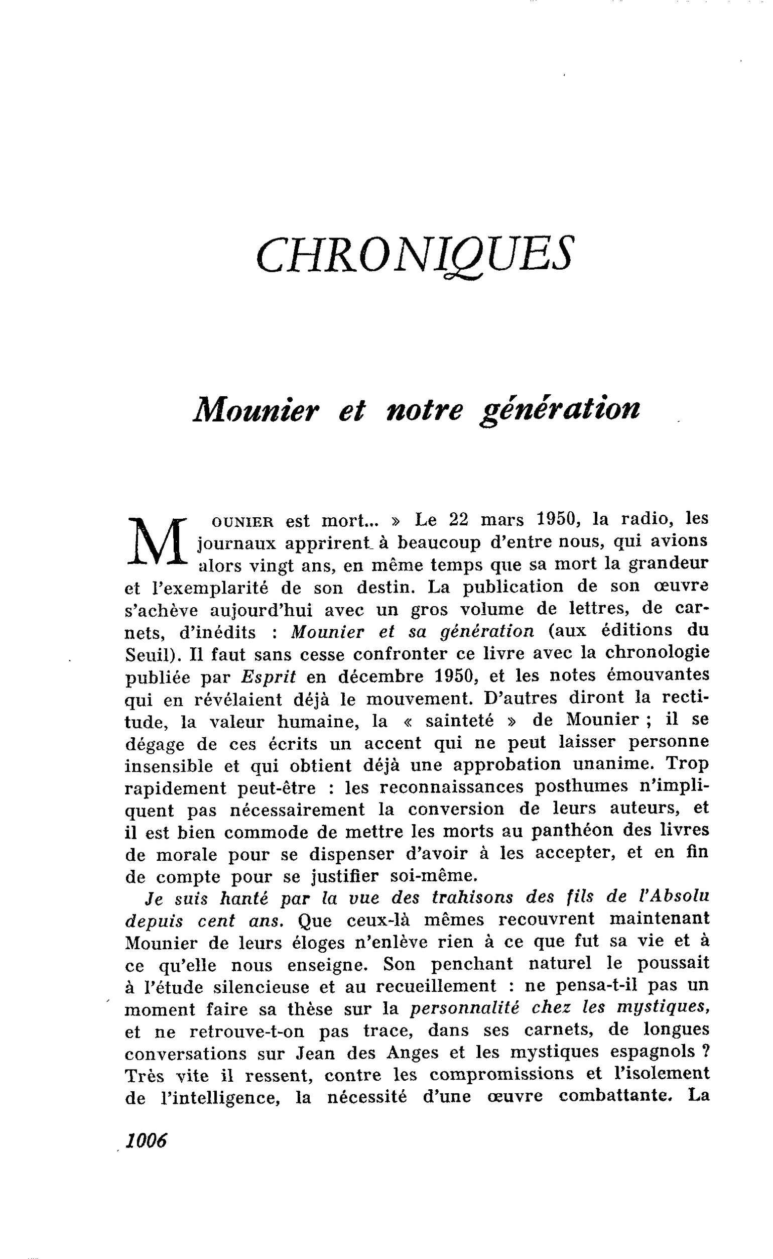 Mounier et notre génération