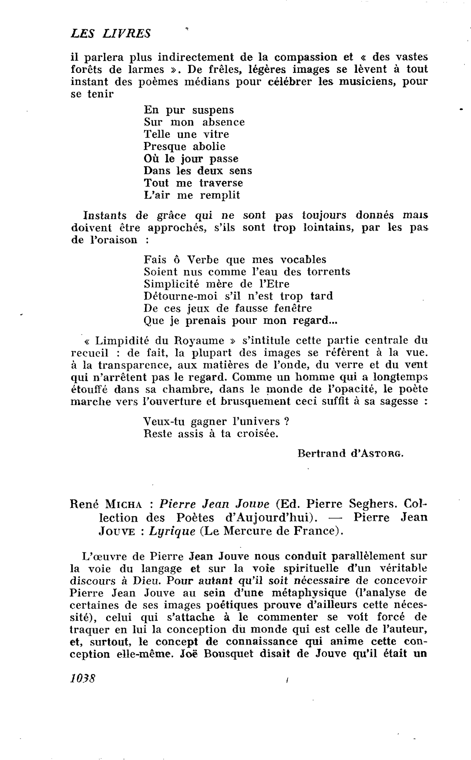 René Micha : Pierre Jean Jouve. ? Pierre Jean Jouve : Lyrique