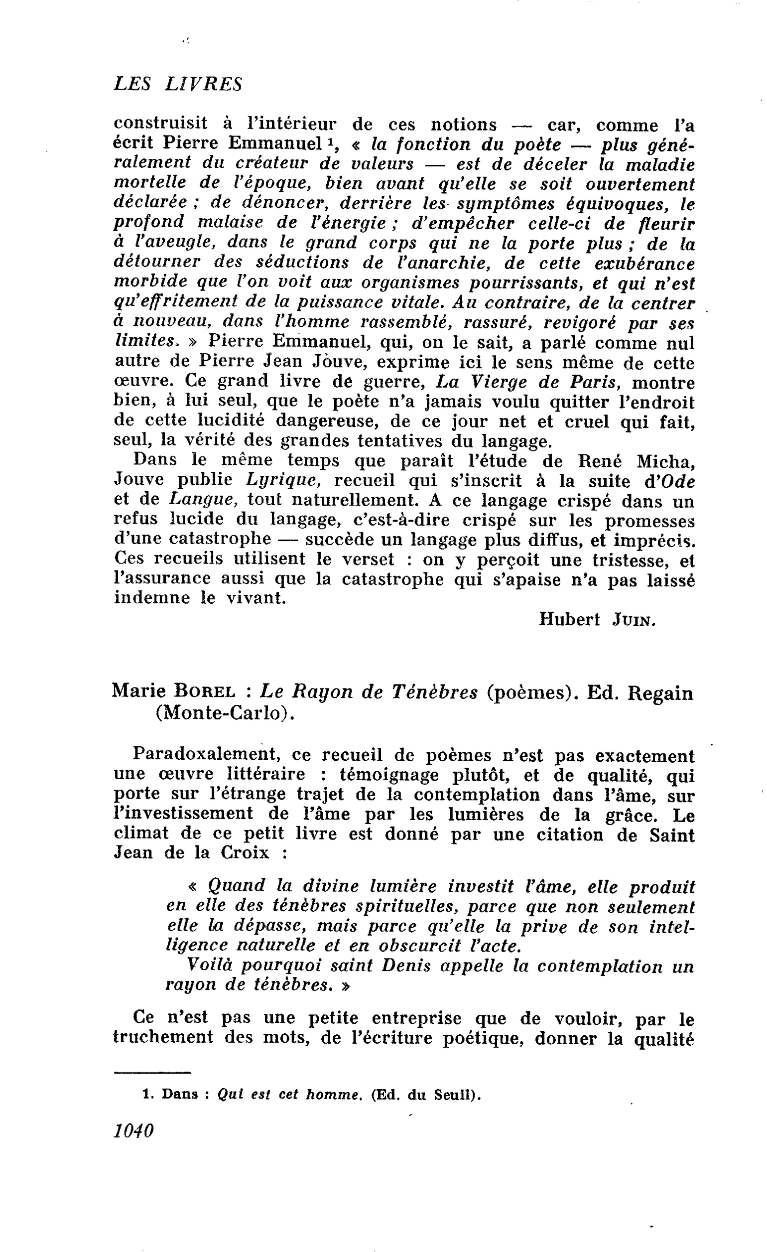 Marie Borel : Le Rayon de Ténèbres (poèmes)