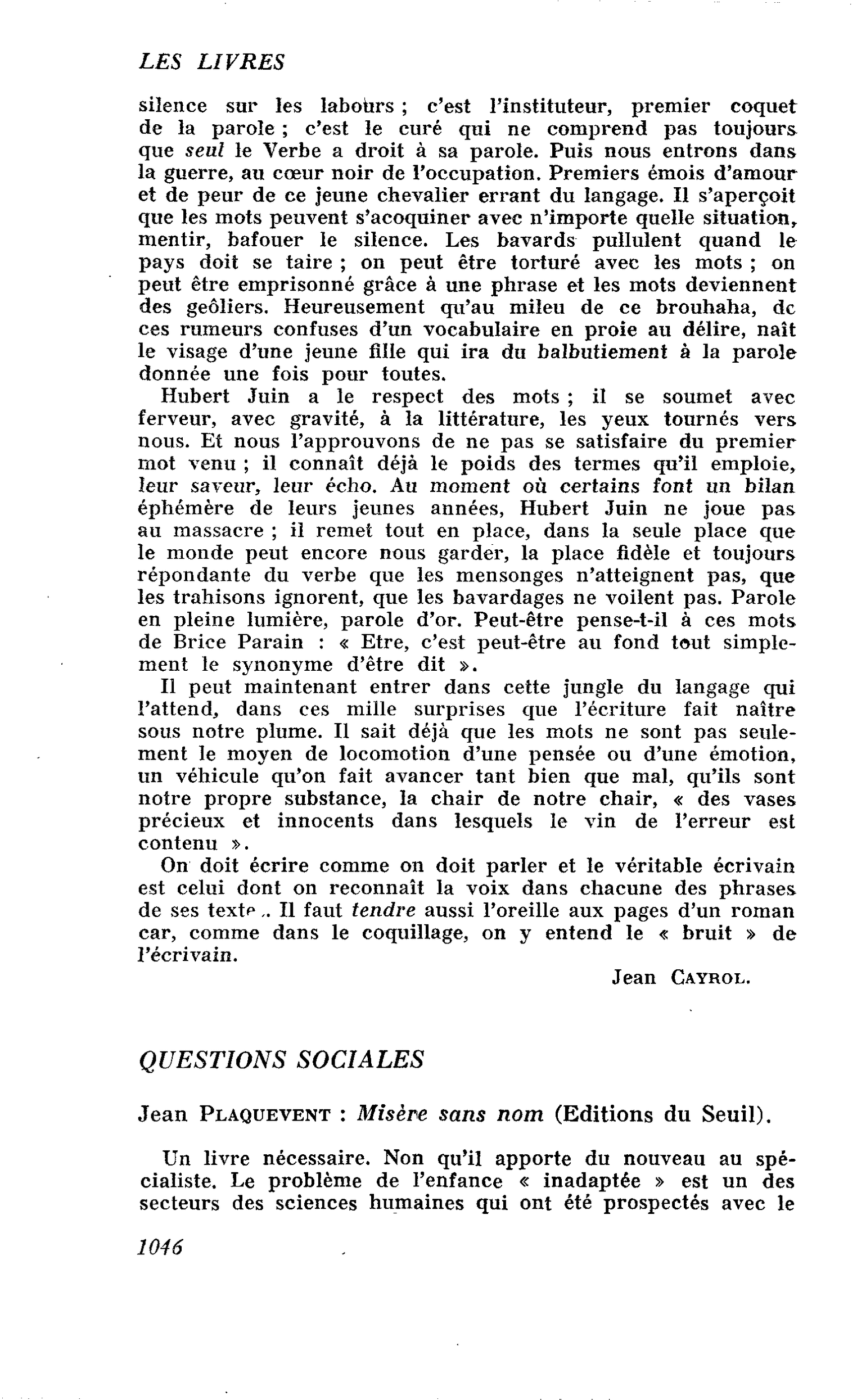 Jean Plaquevent : Misère sans nom