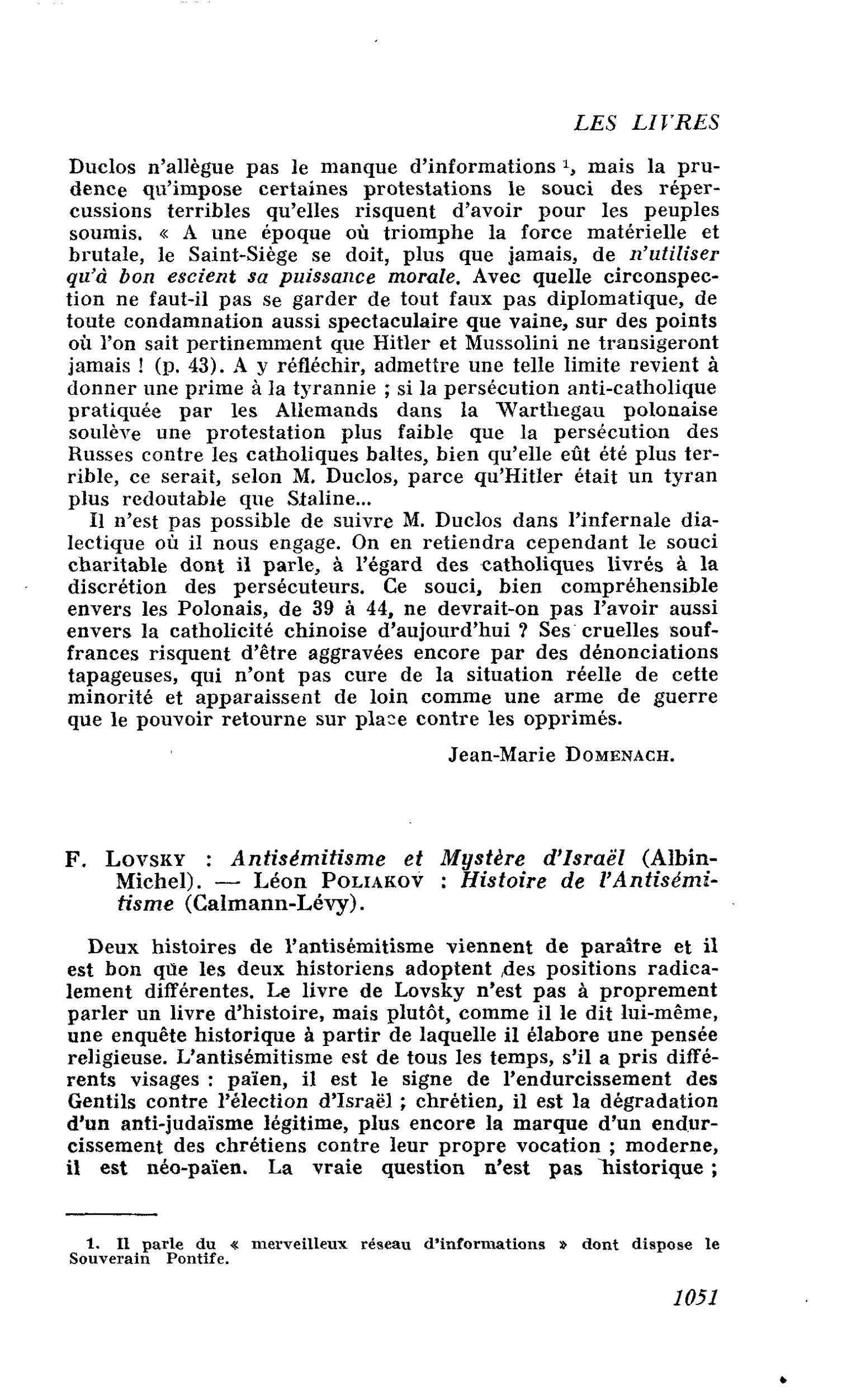 F. Lovsky : Antisémitisme et Mystère d’Israël. ? Léon Poliakov : Histoire de l’Antisémitisme