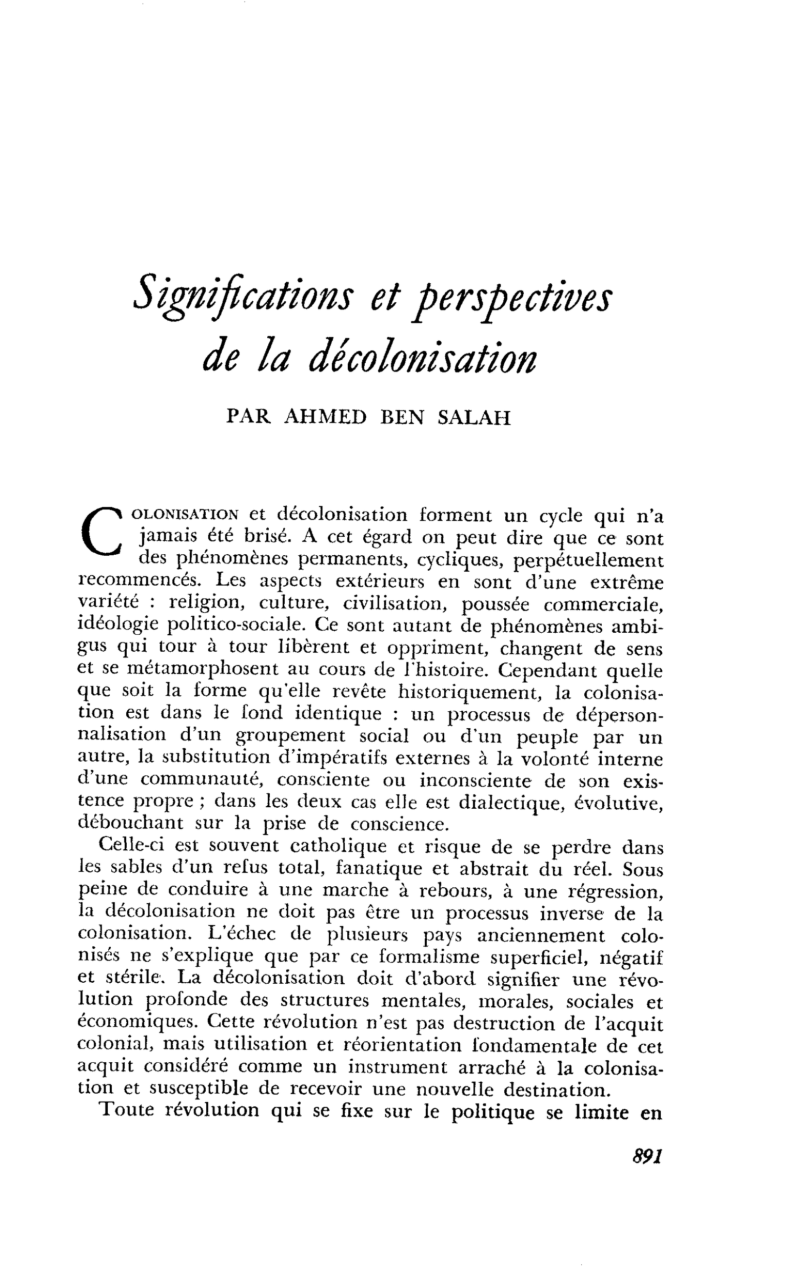 Significations et perspectives de la décolonisation