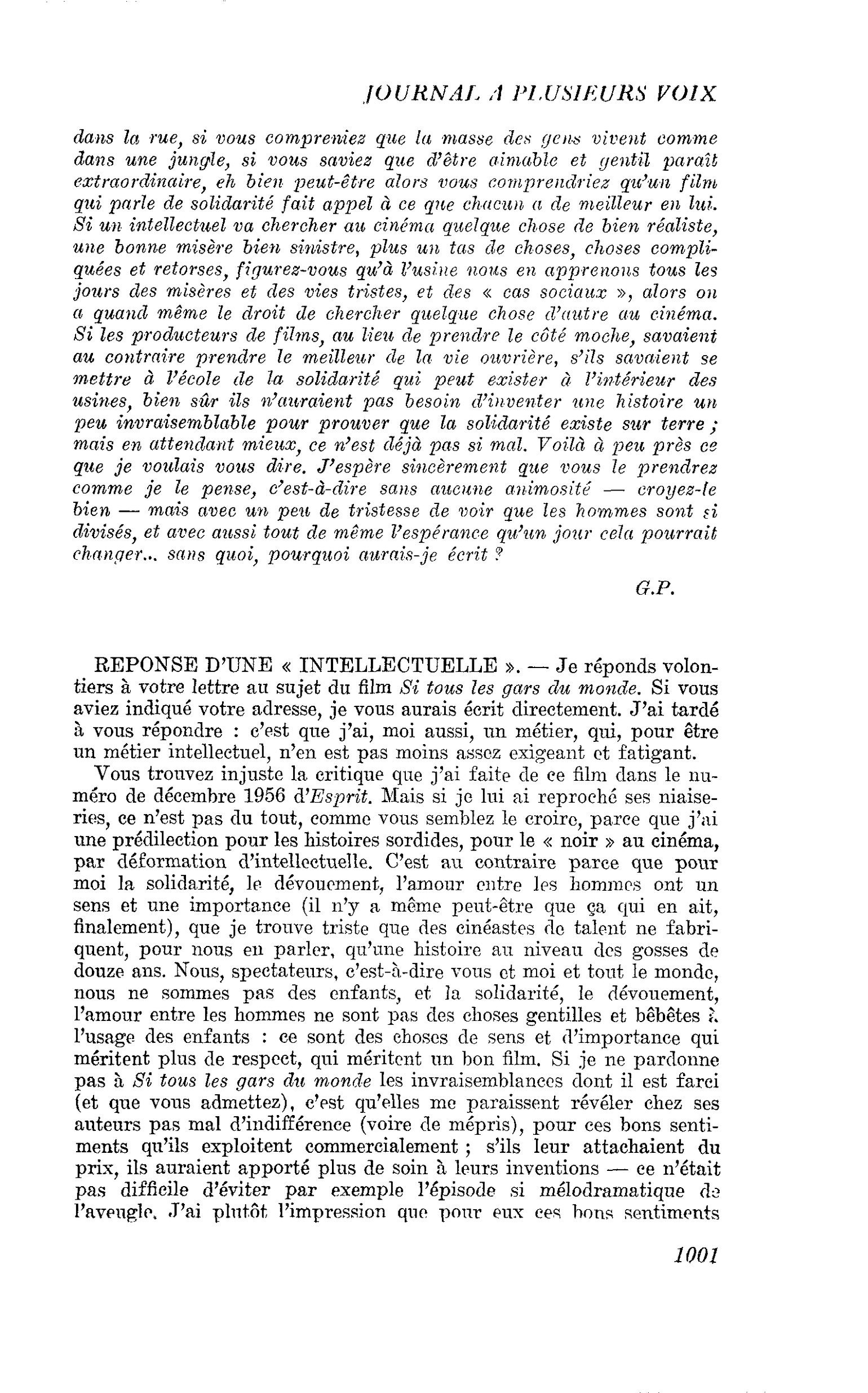 REPONSE D’UNE « INTELLECTUELLE »